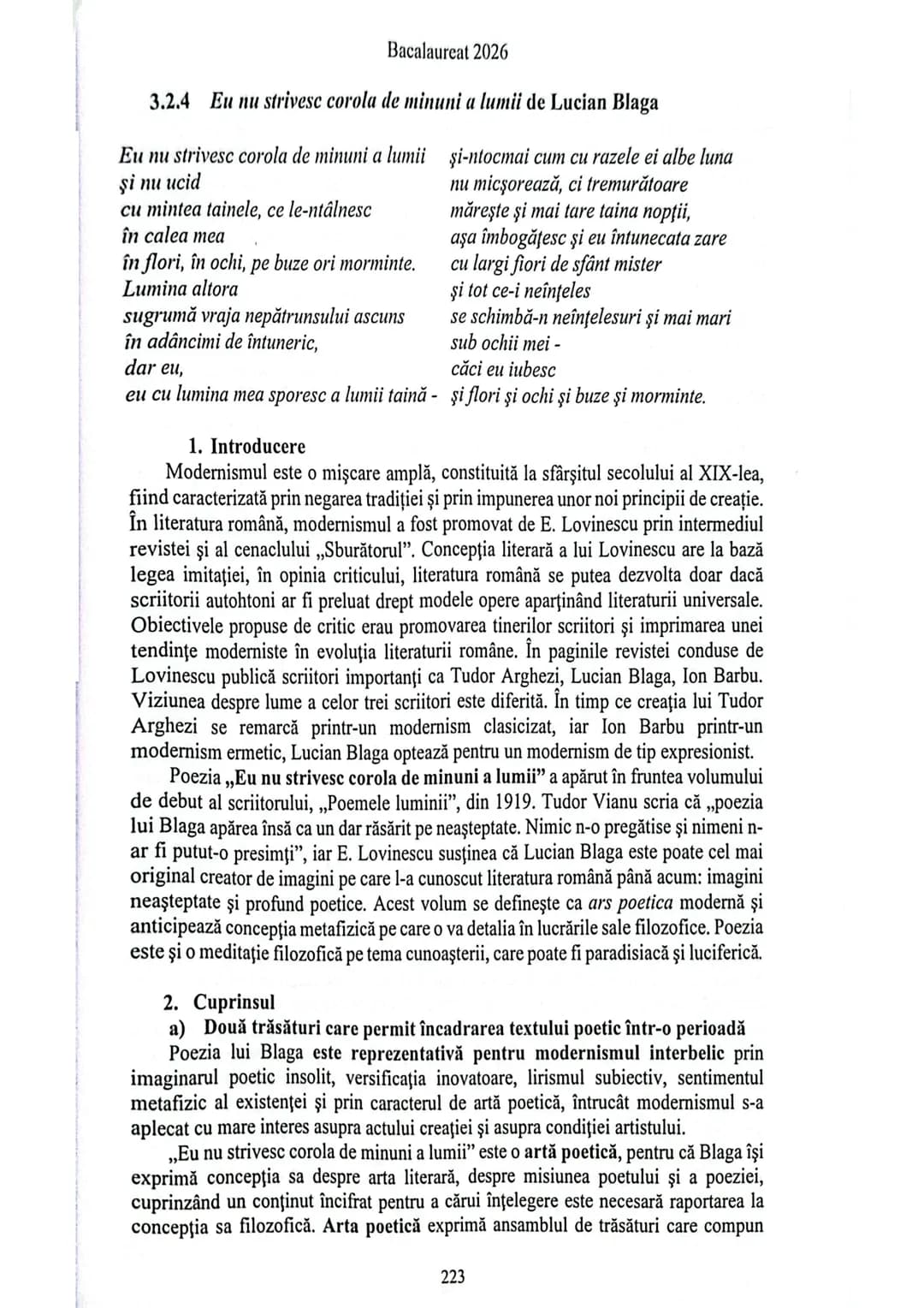 Bacalaureat 2026
3.2.4 Eu nu strivesc corola de minuni a lumii de Lucian Blaga
Eu nu strivesc corola de minuni a lumii
şi nu ucid
cu minte