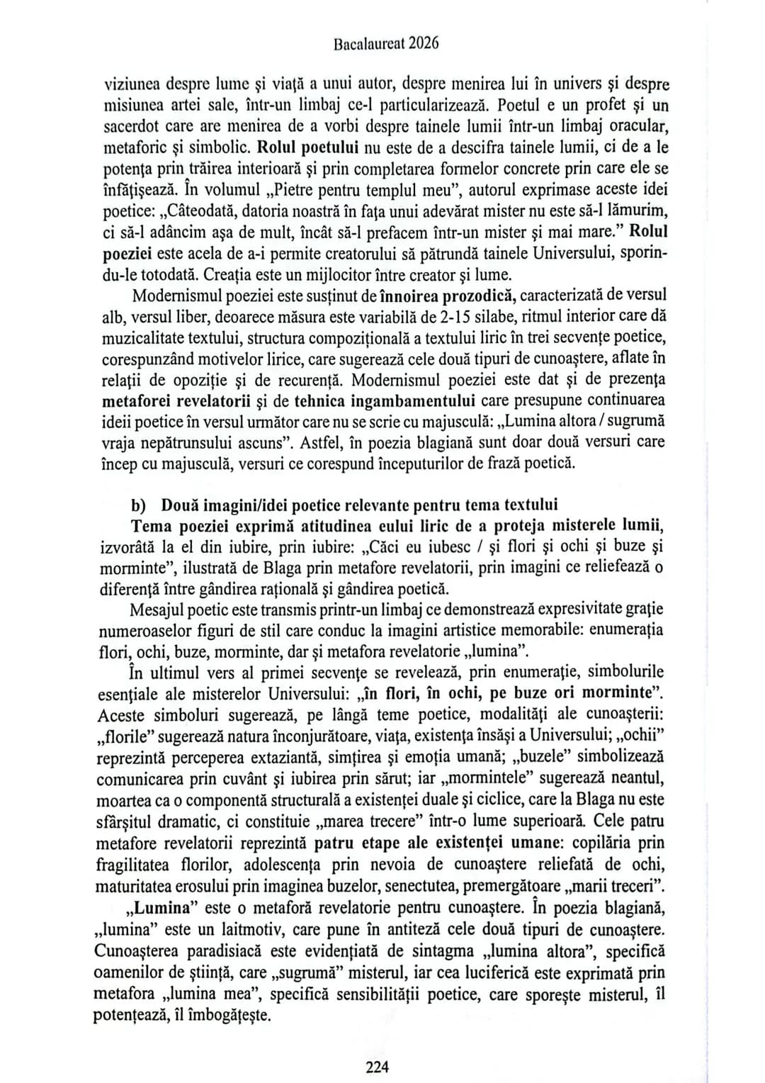 Bacalaureat 2026
3.2.4 Eu nu strivesc corola de minuni a lumii de Lucian Blaga
Eu nu strivesc corola de minuni a lumii
şi nu ucid
cu minte