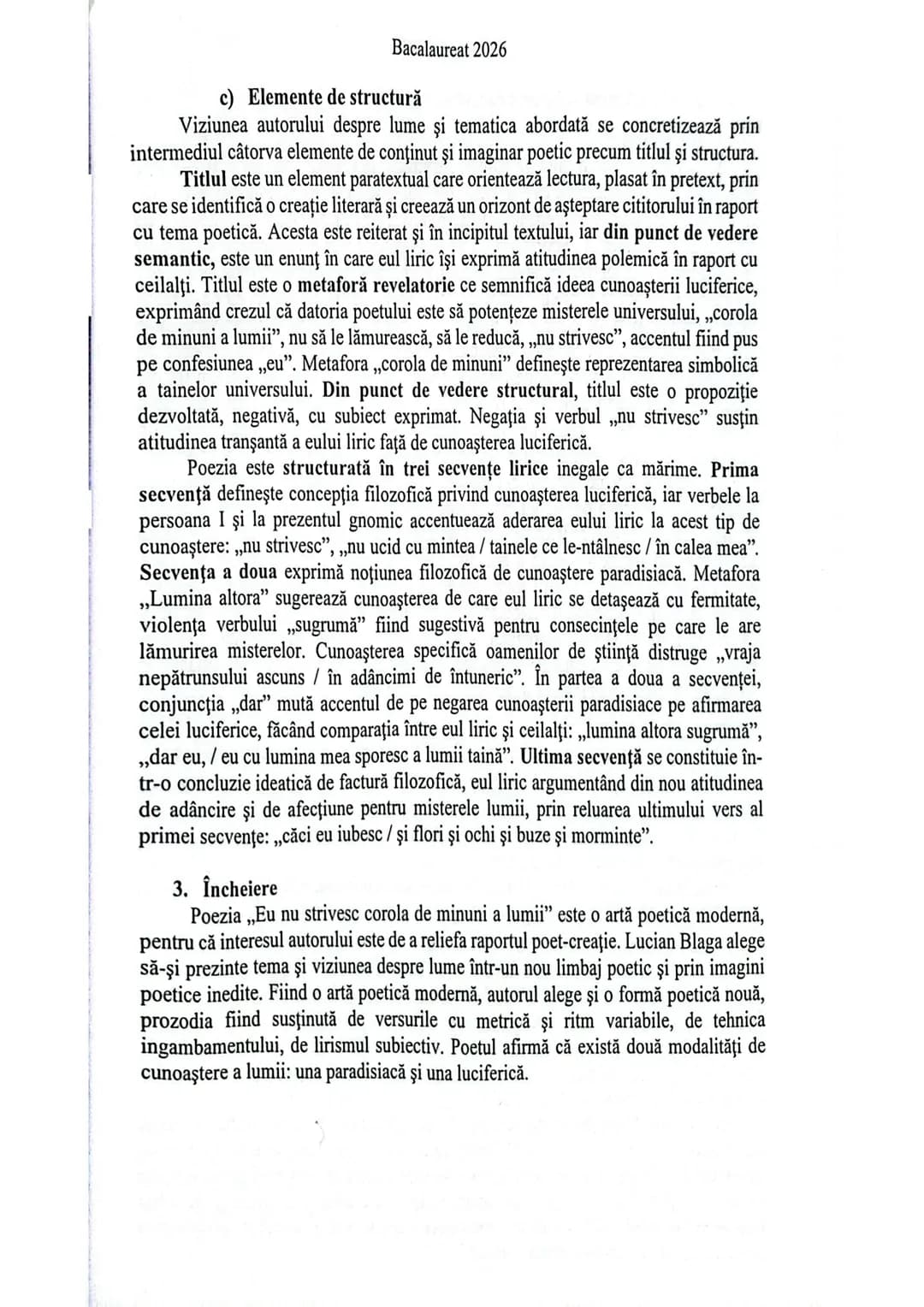 Bacalaureat 2026
3.2.4 Eu nu strivesc corola de minuni a lumii de Lucian Blaga
Eu nu strivesc corola de minuni a lumii
şi nu ucid
cu minte