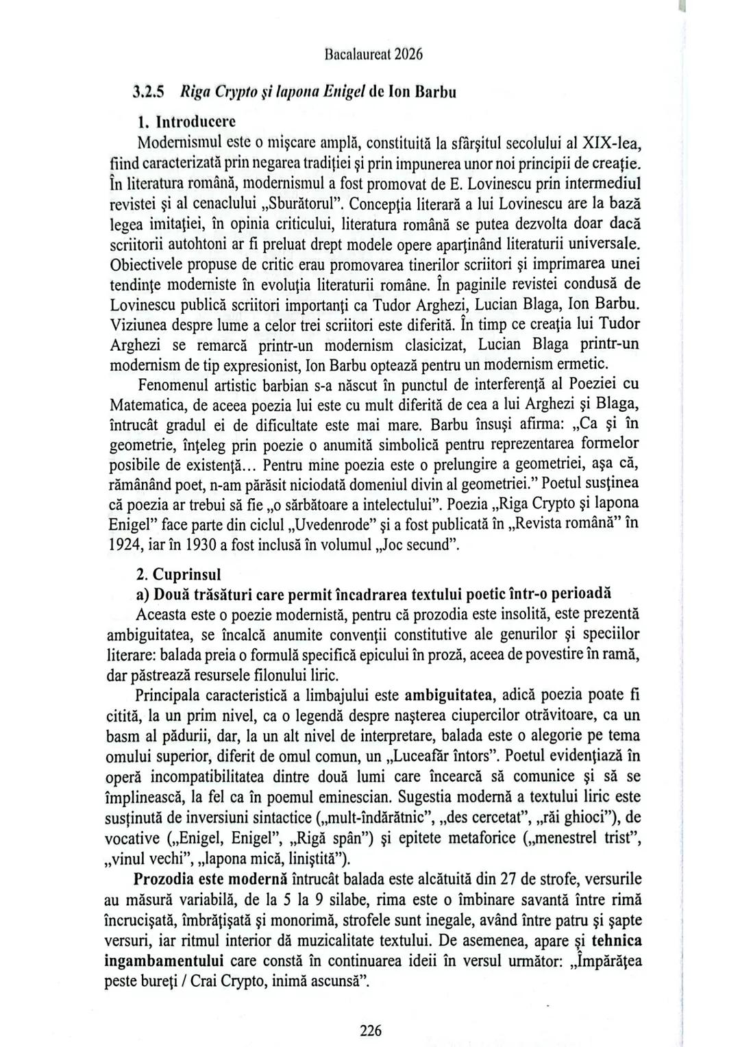 Bacalaureat 2026
3.2.5 Riga Crypto şi lapona Enigel de Ion Barbu
1. Introducere
Modernismul este o mişcare amplă, constituită la sfârşitu