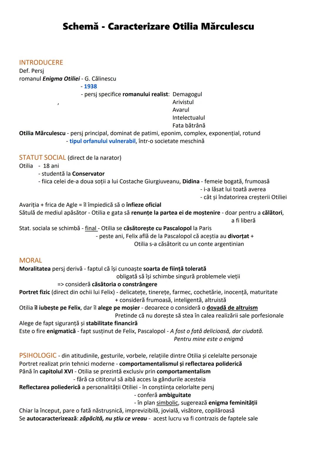 # Schemă - Caracterizare Otilia Mărculescu
INTRODUCERE
Def. Persj
romanul Enigma Otiliei - G. Călinescu
- 1938
- persj specifice romanu