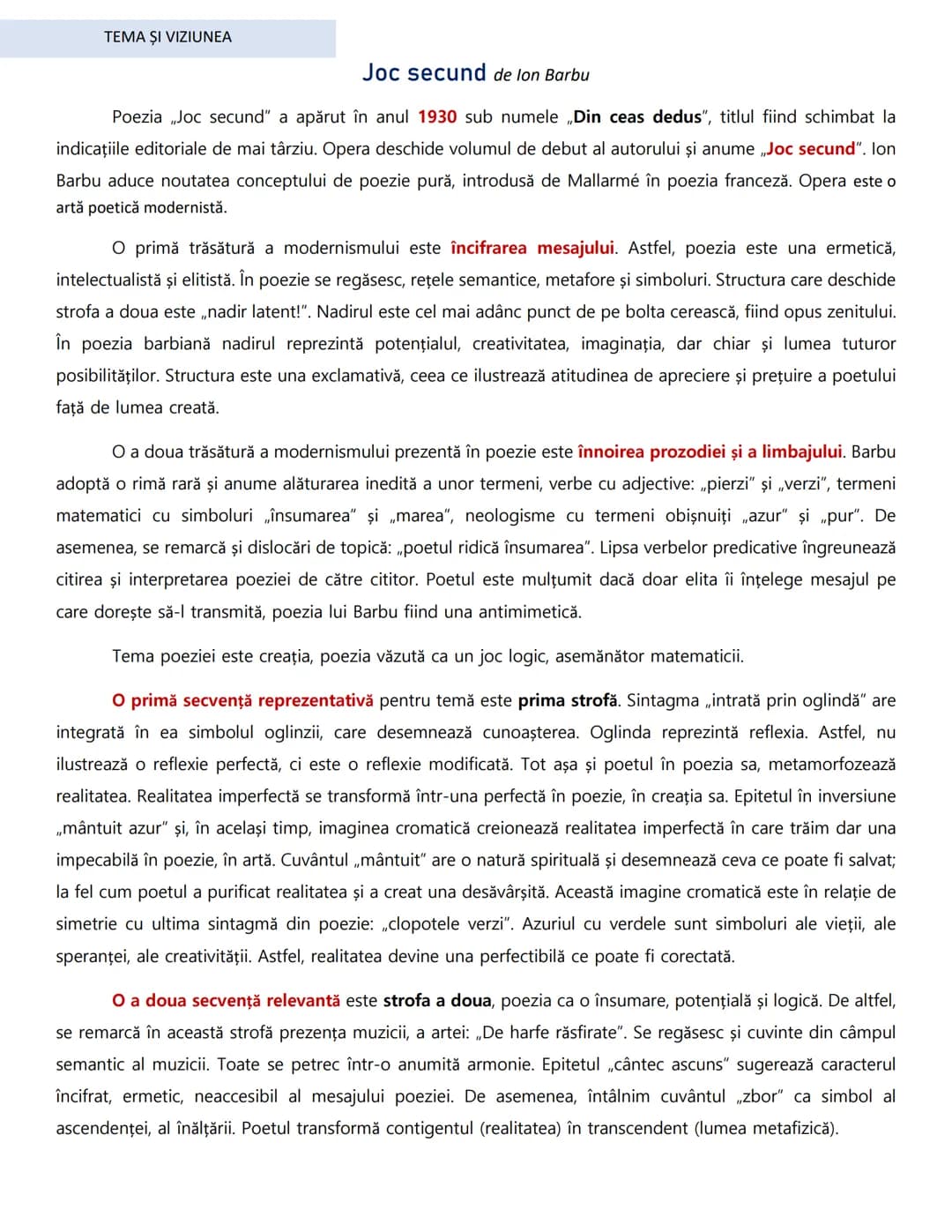 TEMA ŞI VIZIUNEA
Joc secund de Ion Barbu
Poezia „Joc secund" a apărut în anul 1930 sub numele „Din ceas dedus", titlul fiind schimbat la
i