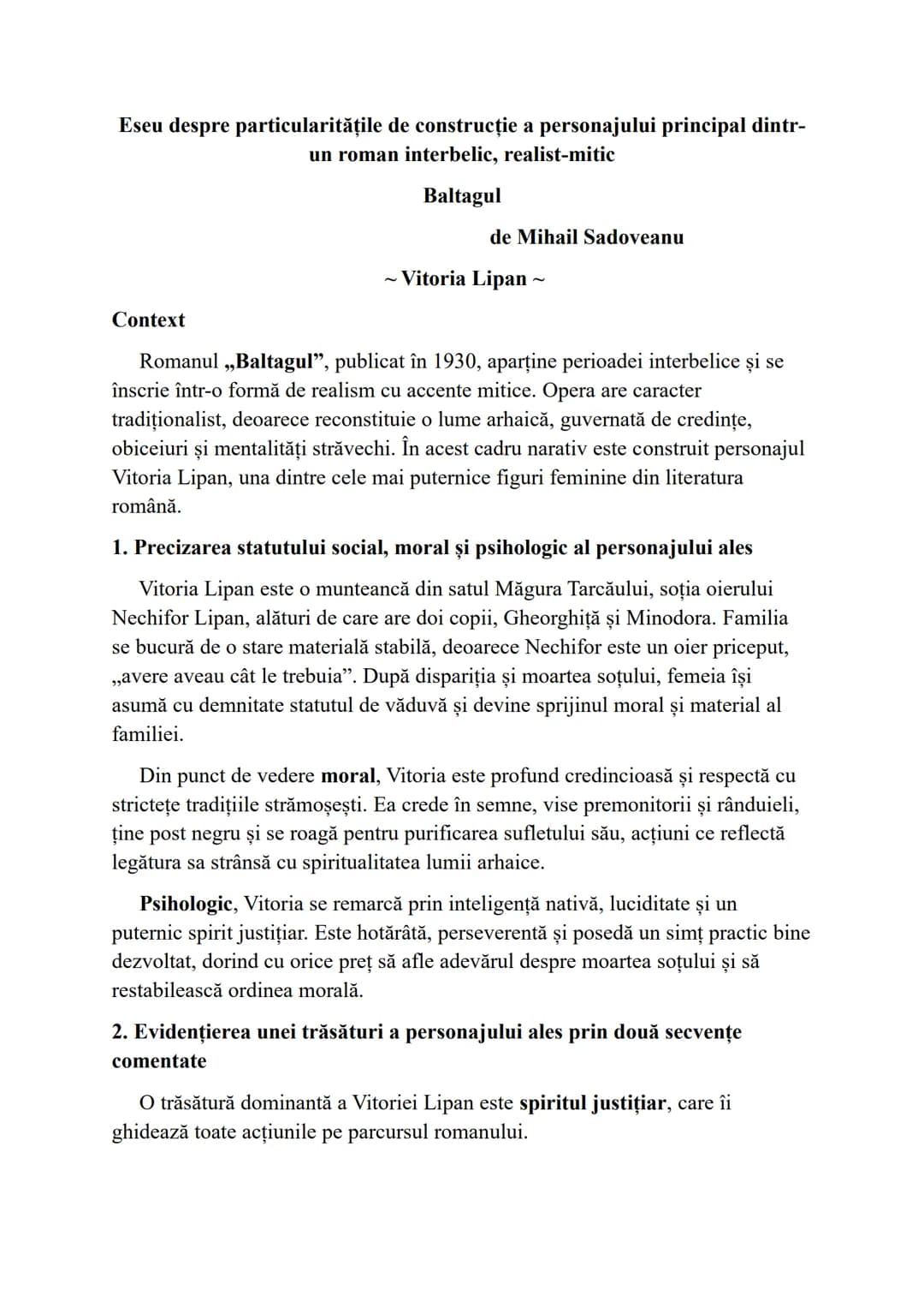 # Eseu despre particularitățile de construcție a personajului principal dintr-
un roman interbelic, realist-mitic
Baltagul
de Mihail Sadove