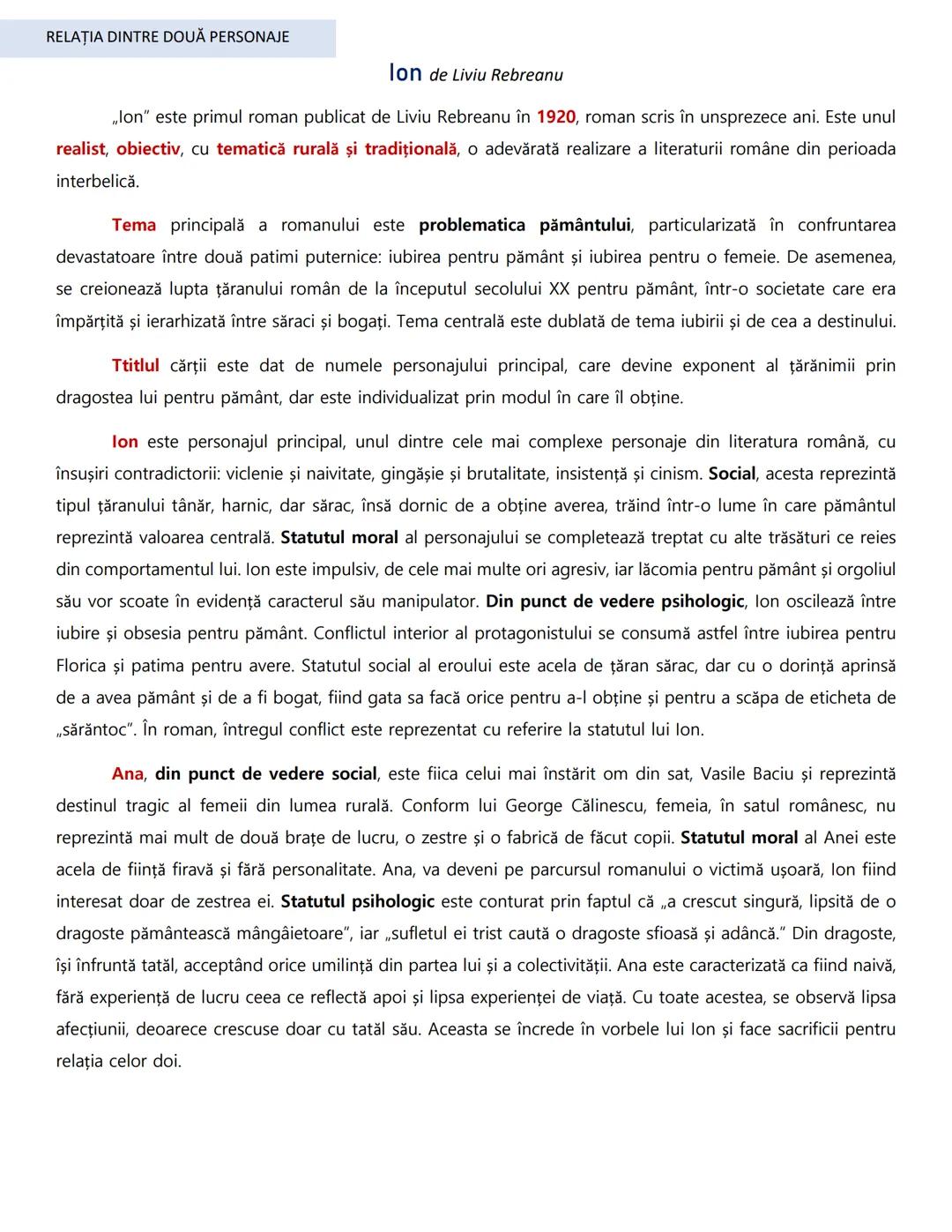 # RELAŢIA DINTRE DOUĂ PERSONAJE
Ion de Liviu Rebreanu
„Ion" este primul roman publicat de Liviu Rebreanu în 1920, roman scris în unsprezec