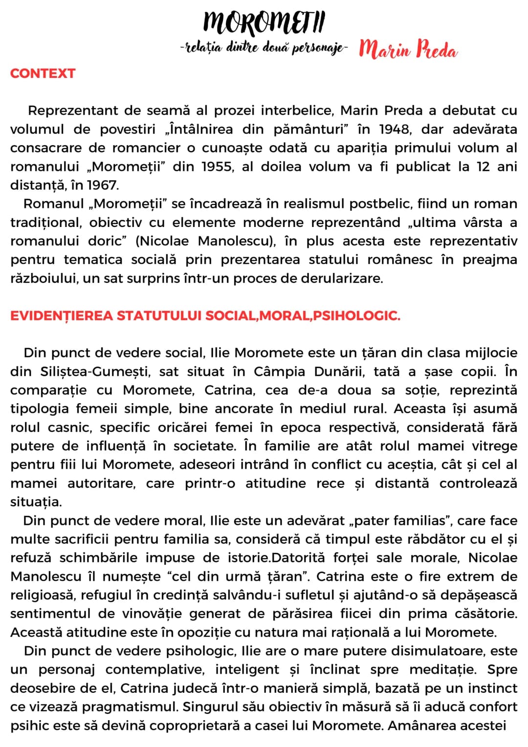 # MOROMETII
-particularitățile operei-
Marin Preda
CONTEXT
Reprezentant de seamă al prozei interbelice, Marin Preda a debutat cu
volumul d