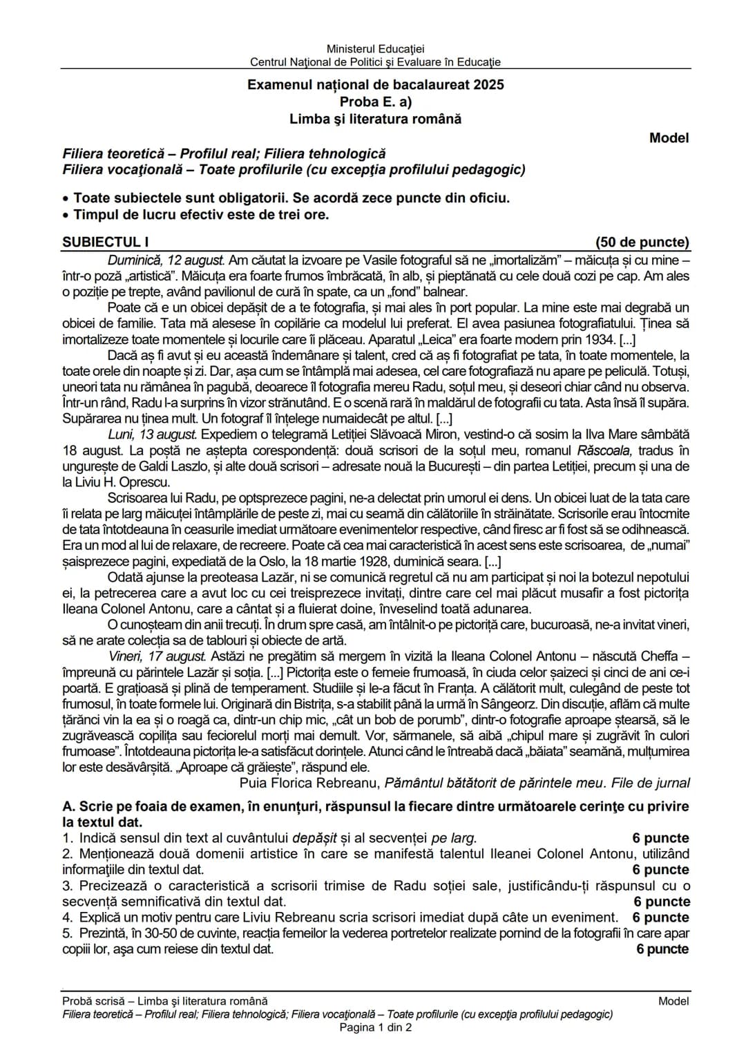 Ministerul Educaţiei
Centrul Naţional de Politici şi Evaluare în Educaţie
Examenul național de bacalaureat 2025
Proba E. a)
Limba şi literat