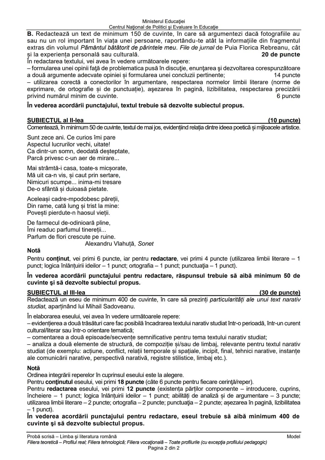Ministerul Educaţiei
Centrul Naţional de Politici şi Evaluare în Educaţie
Examenul național de bacalaureat 2025
Proba E. a)
Limba şi literat