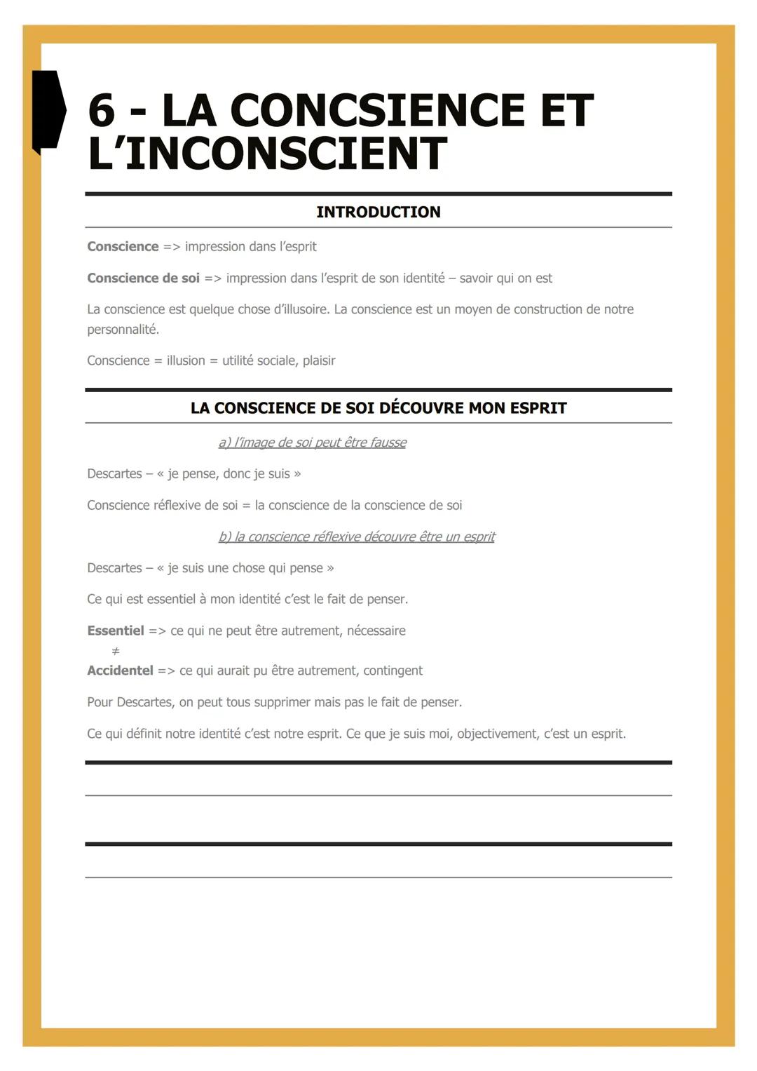 <p>La conscience est une impression dans l'esprit qui nous donne la perception de notre identité et de notre personnalité. Cependant, la co