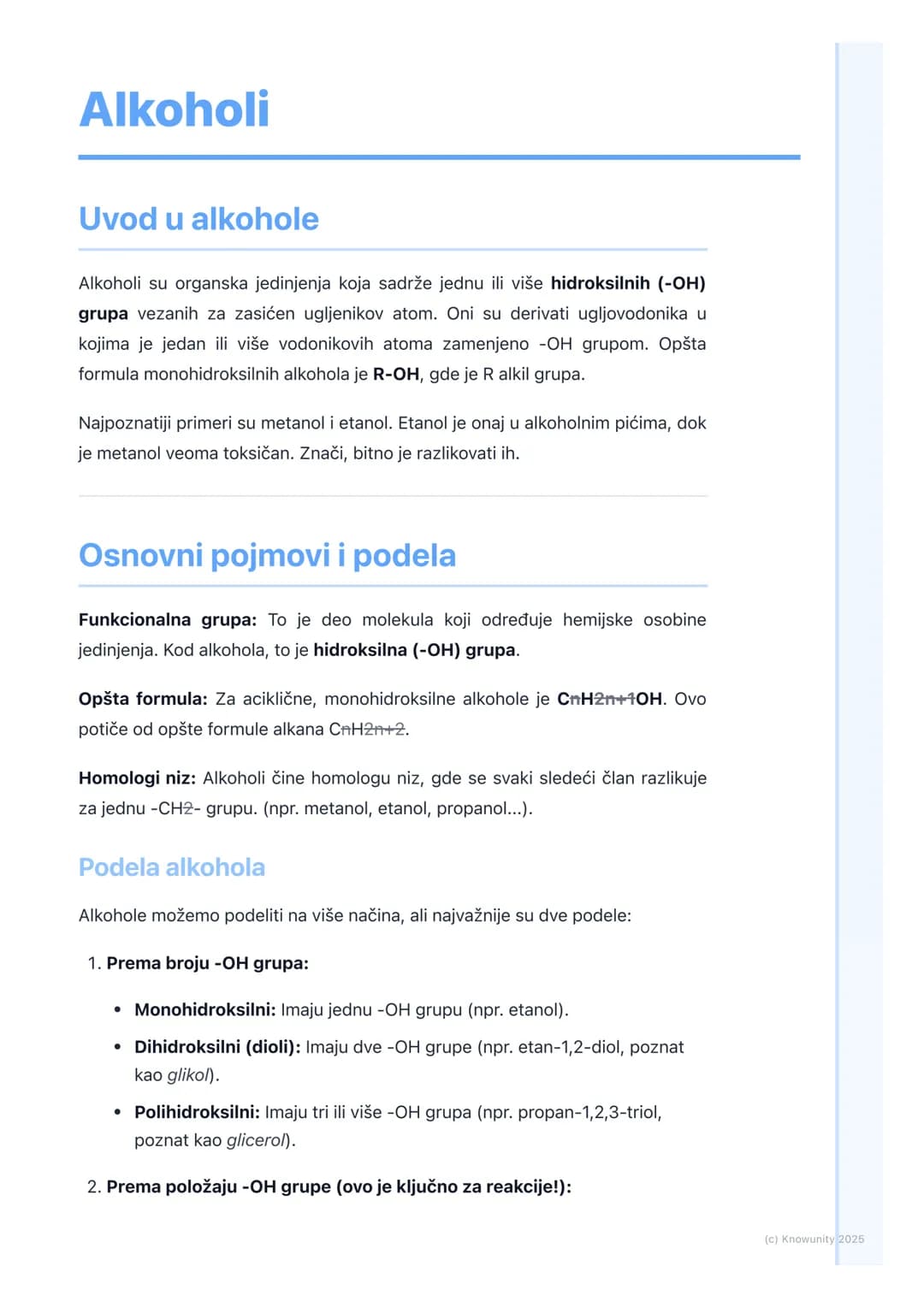 # Alkoholi
Uvod u alkohole
Alkoholi su organska jedinjenja koja sadrže jednu ili više hidroksilnih (-OH)
grupa vezanih za zasićen ugljenik
