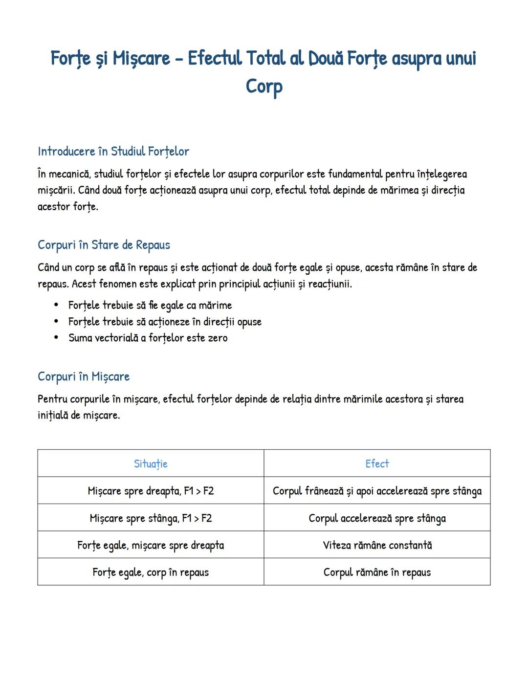 # Forţe şi Mişcare - Efectul Total al Două Forţe asupra unui
Corp
## Introducere în Studiul Forţelor
În mecanică, studiul forţelor şi efec