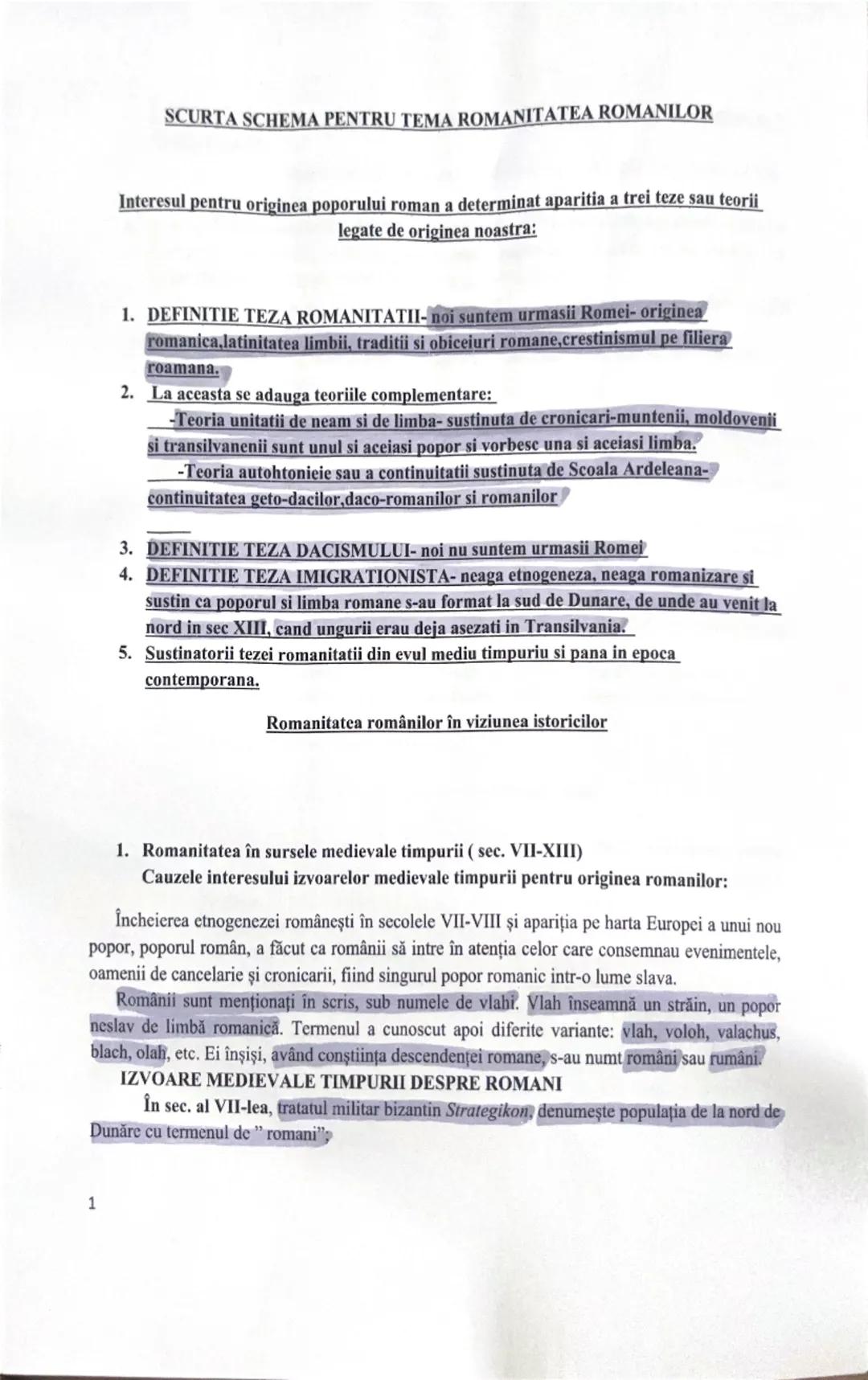 # SCURTA SCHEMA PENTRU TEMA ROMANITATEA ROMANILOR
Interesul pentru originea poporului roman a determinat aparitia a trei teze sau teorii
le