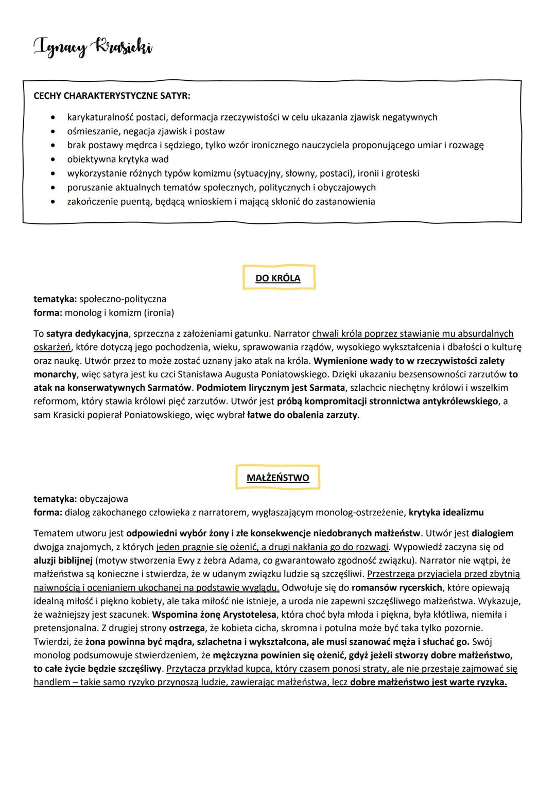 # Ignacy Krasicki
CECHY CHARAKTERYSTYCZNE SATYR:
- karykaturalność postaci, deformacja rzeczywistości w celu ukazania zjawisk negatywnych