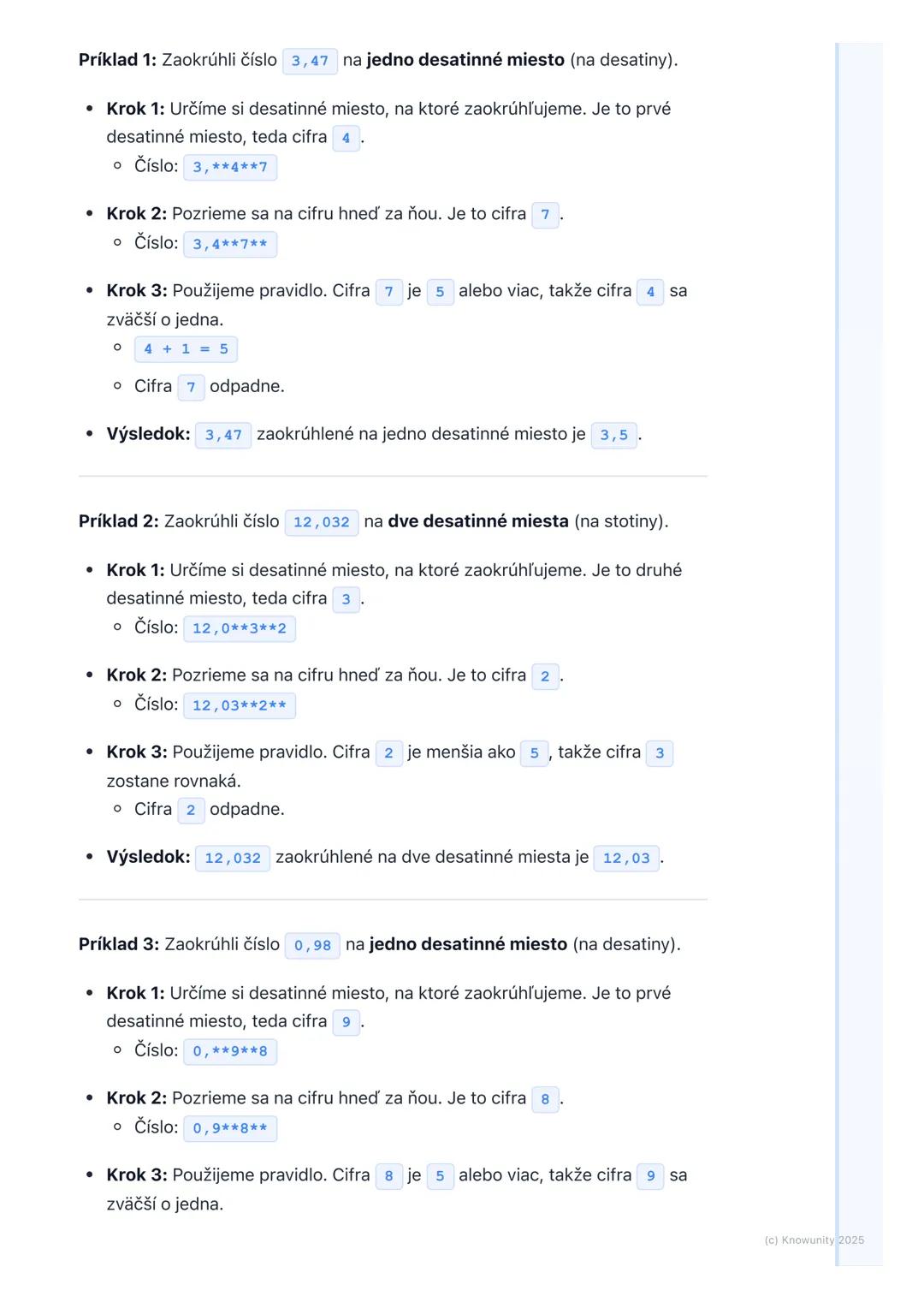 # Zaokrúhľovanie desatinných
# čísel
1. Prehľad / Úvod
Dnes sa budeme učiť, ako zaokrúhľovať desatinné čísla. Už vieme zaokrúhľovať
celé č