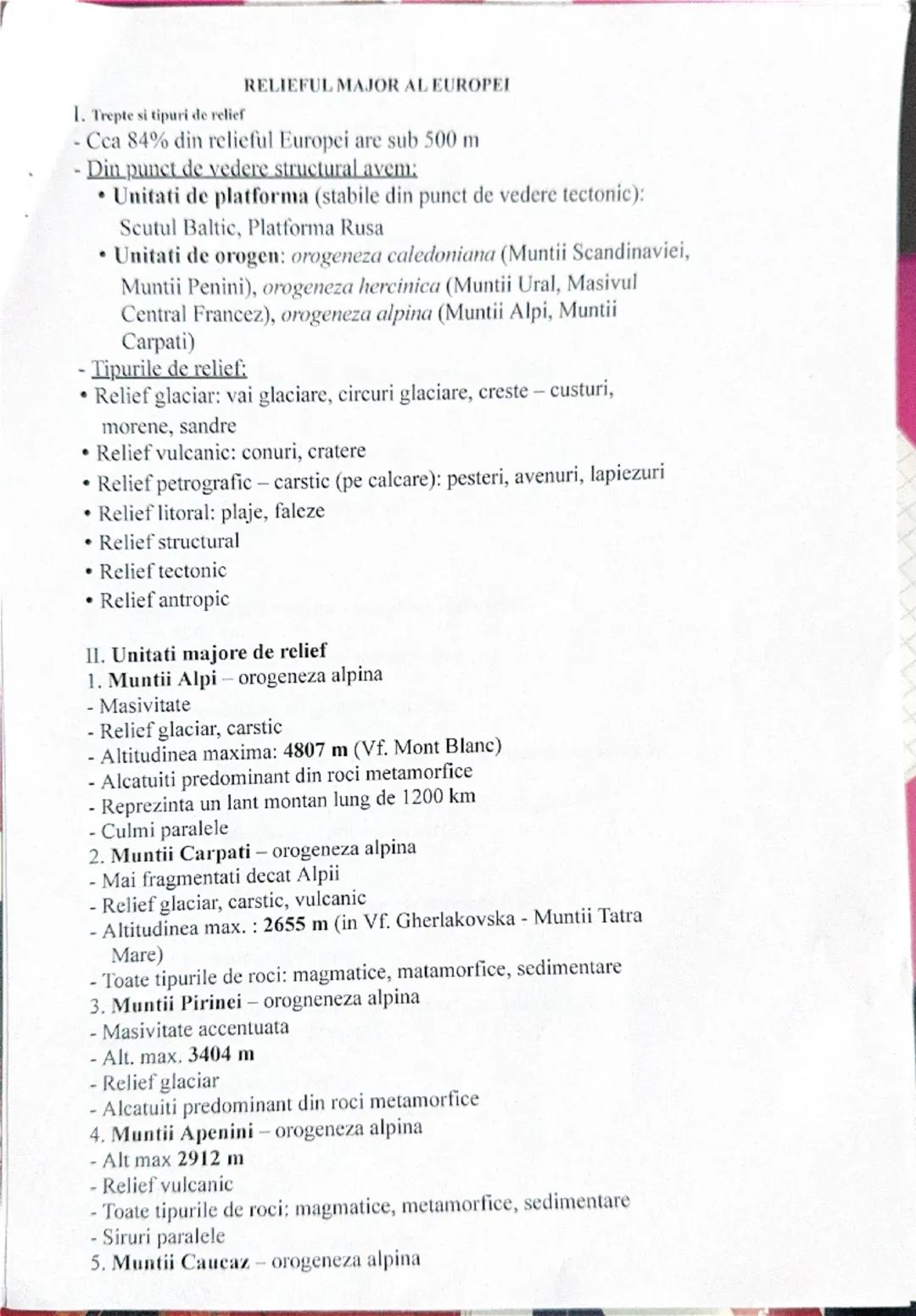 1. Trepte si tipuri de relief
RELIEFUL MAJOR AL EUROPEI
- Cca 84% din relieful Europei are sub 500 m
- Din punct de vedere structural avem: