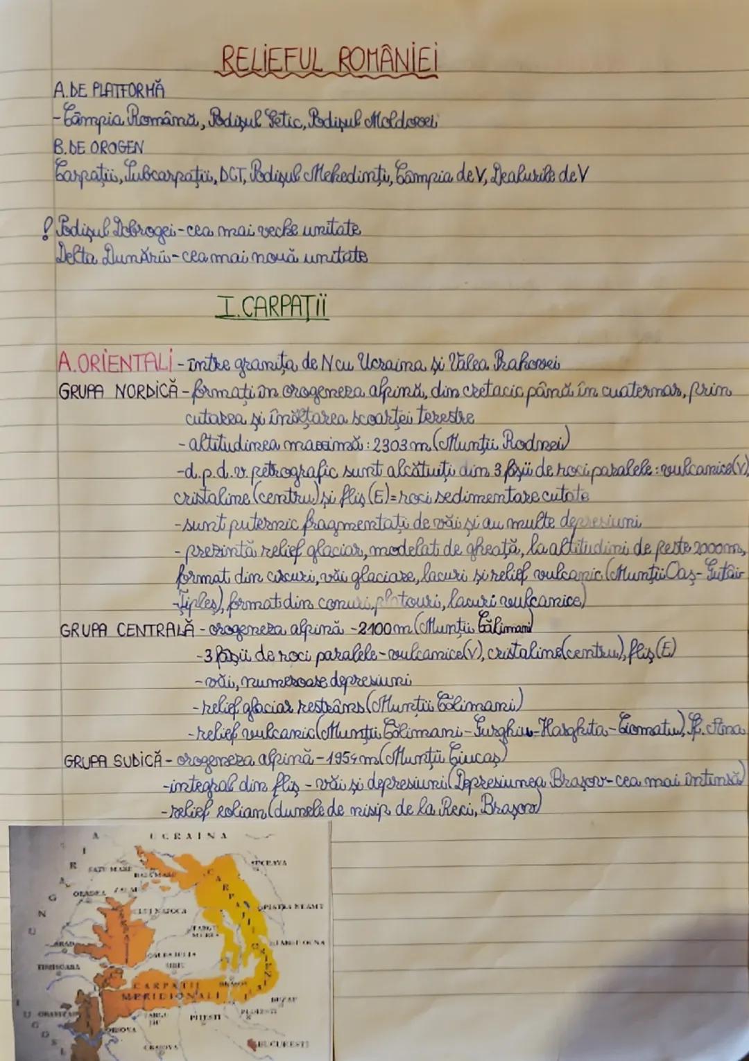 RELIEFUL ROMÂNIEI
A.DE PLATFORMA
- Câmpia Română, Bdizul Setic, Podişul Moldovei
B.DE OROGEN
Carpații, Subcarpaţii, DCT, Bdişul Mehedinţi, C