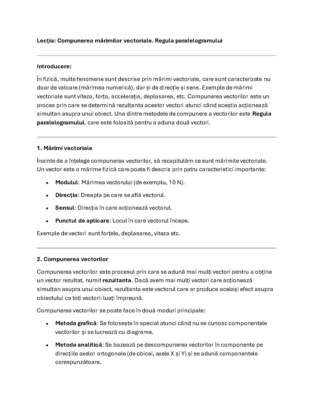 Compunerea mărimilor vectoriale Regula paralelogramului