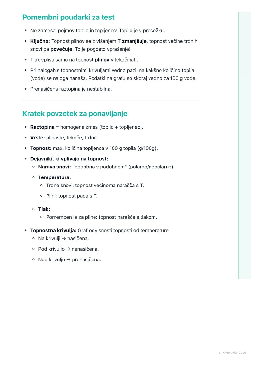 # Vrste raztopin in topnost
Uvod v raztopine in topnost
Raztopine so homogene zmesi dveh ali več snovi. To pomeni, da so sestavine
enakome