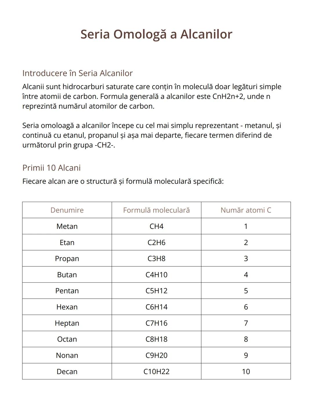 --- OCR Start ---
Seria Omologă a Alcanilor
Introducere în Seria Alcanilor
Alcanii sunt hidrocarburi saturate care conțin în moleculă doar l