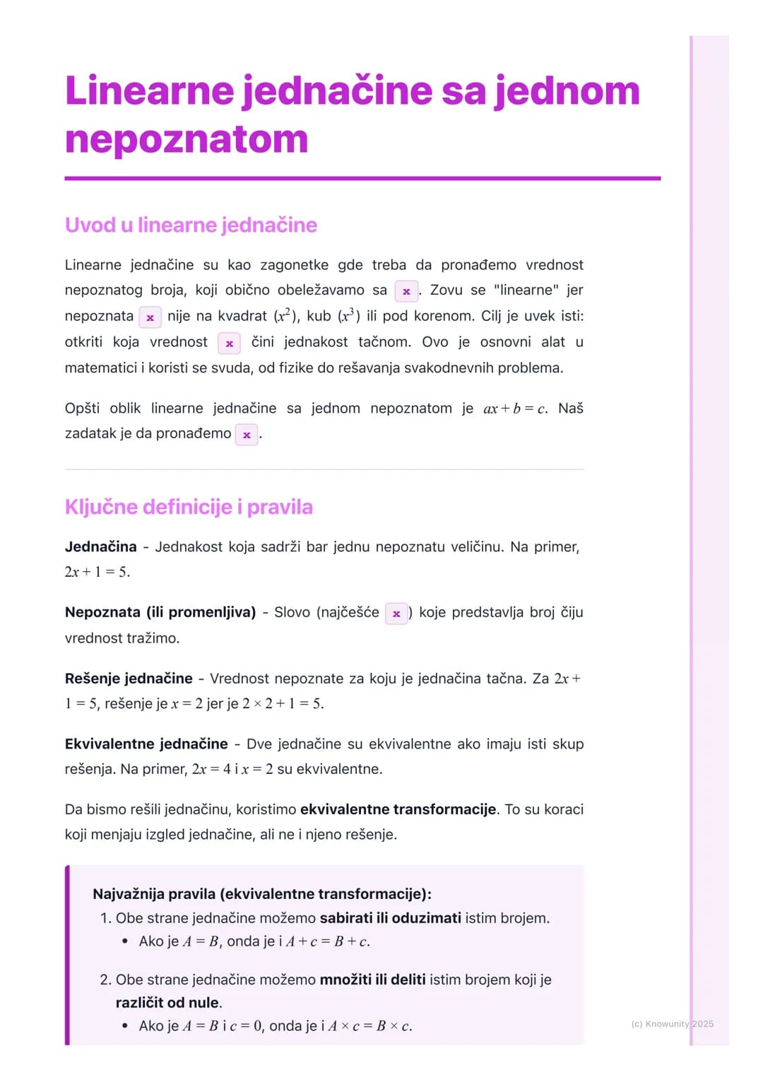 # Linearne jednačine sa jednom
nepoznatom
Uvod u linearne jednačine
Linearne jednačine su kao zagonetke gde treba da pronađemo vrednost
ne
