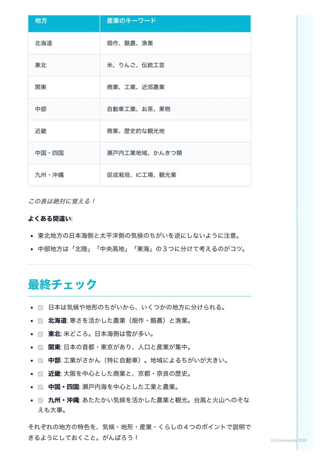 # 日本の主な地域と特色あるくら
し
## 日本の地域区分について
日本は、北から南までとても長い国。だから、場所によって気候や地形がぜんぜ
んちがう。そのちがいが、人々のくらしや産業に影響をあたえている。テスト
では、各地方の特色をくらべて答える問題がよく出るから、しっかり