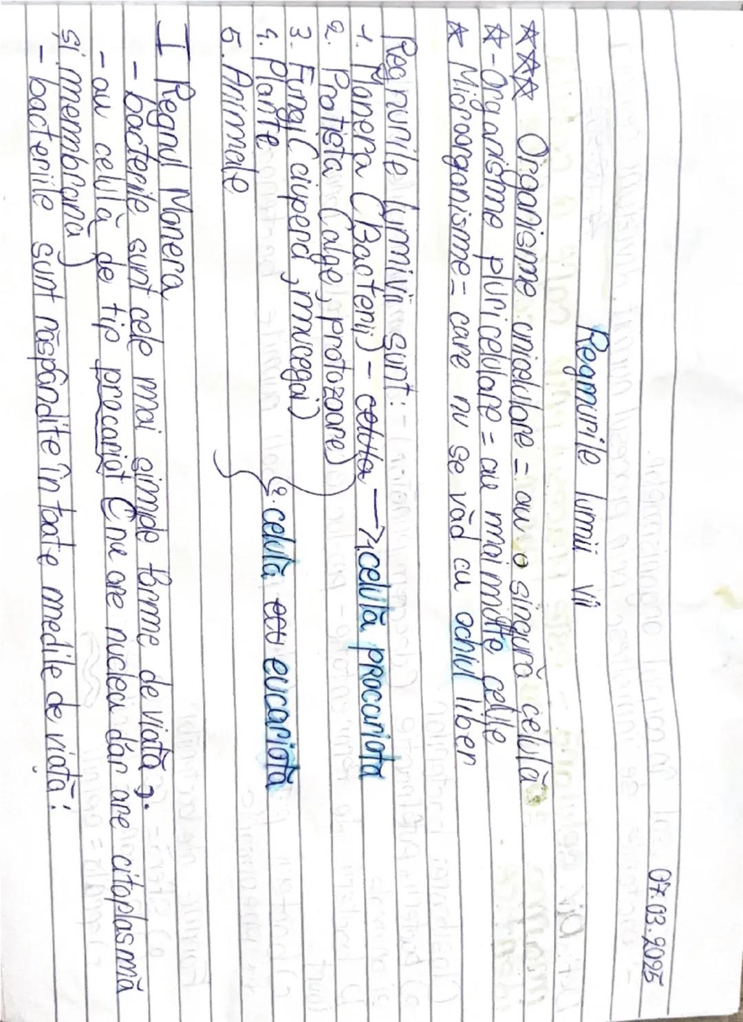 --- OCR Start ---
Regmurile lumii vi
07.03.2025
*** Organisme unicelulare = aw o singură celula
☆
-Organisime pluricelulare = au mai multe c