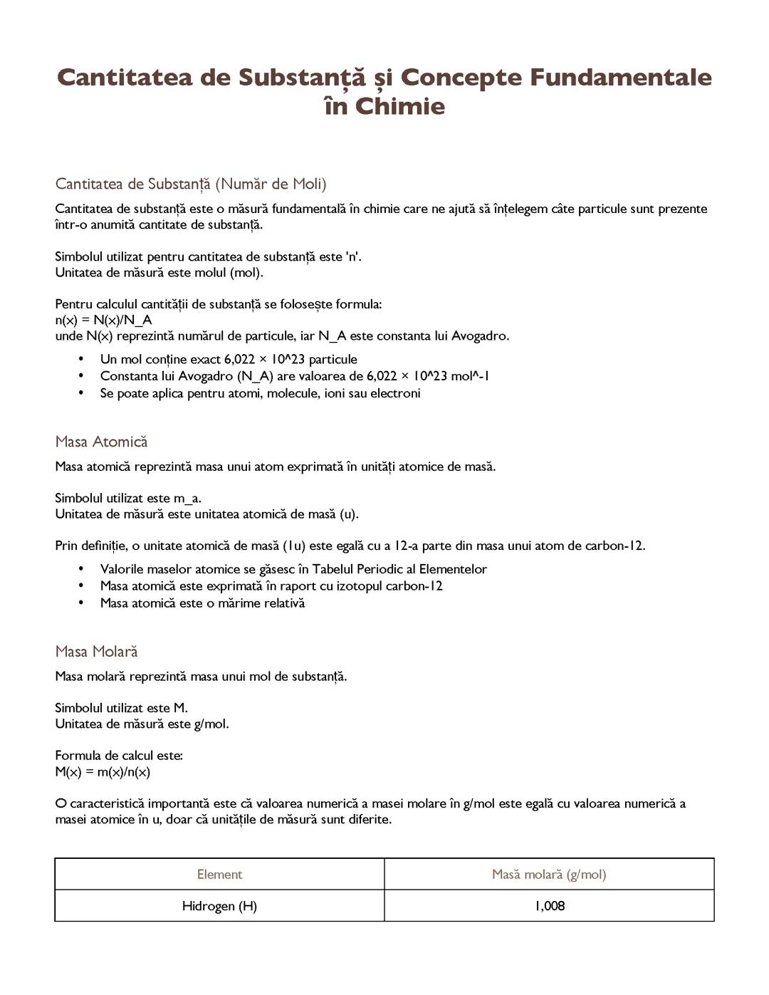 Cantitatea de Substanță și Concepte Fundamentale în Chimie