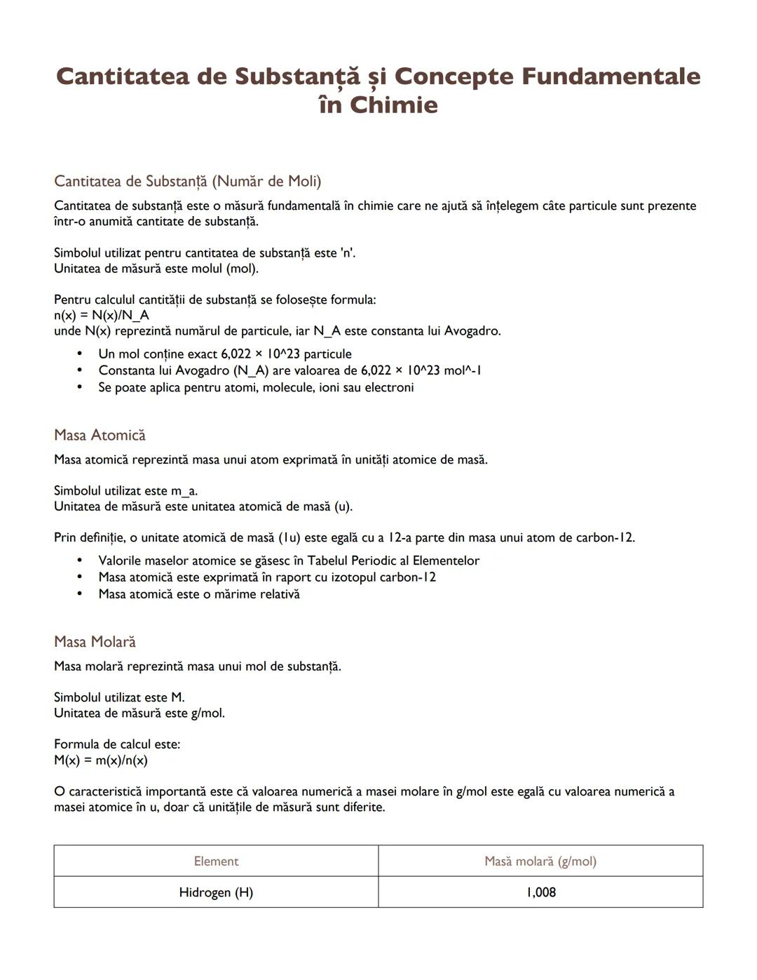 # Cantitatea de Substanță și Concepte Fundamentale
în Chimie
Cantitatea de Substanță (Număr de Moli)
Cantitatea de substanță este o măsură