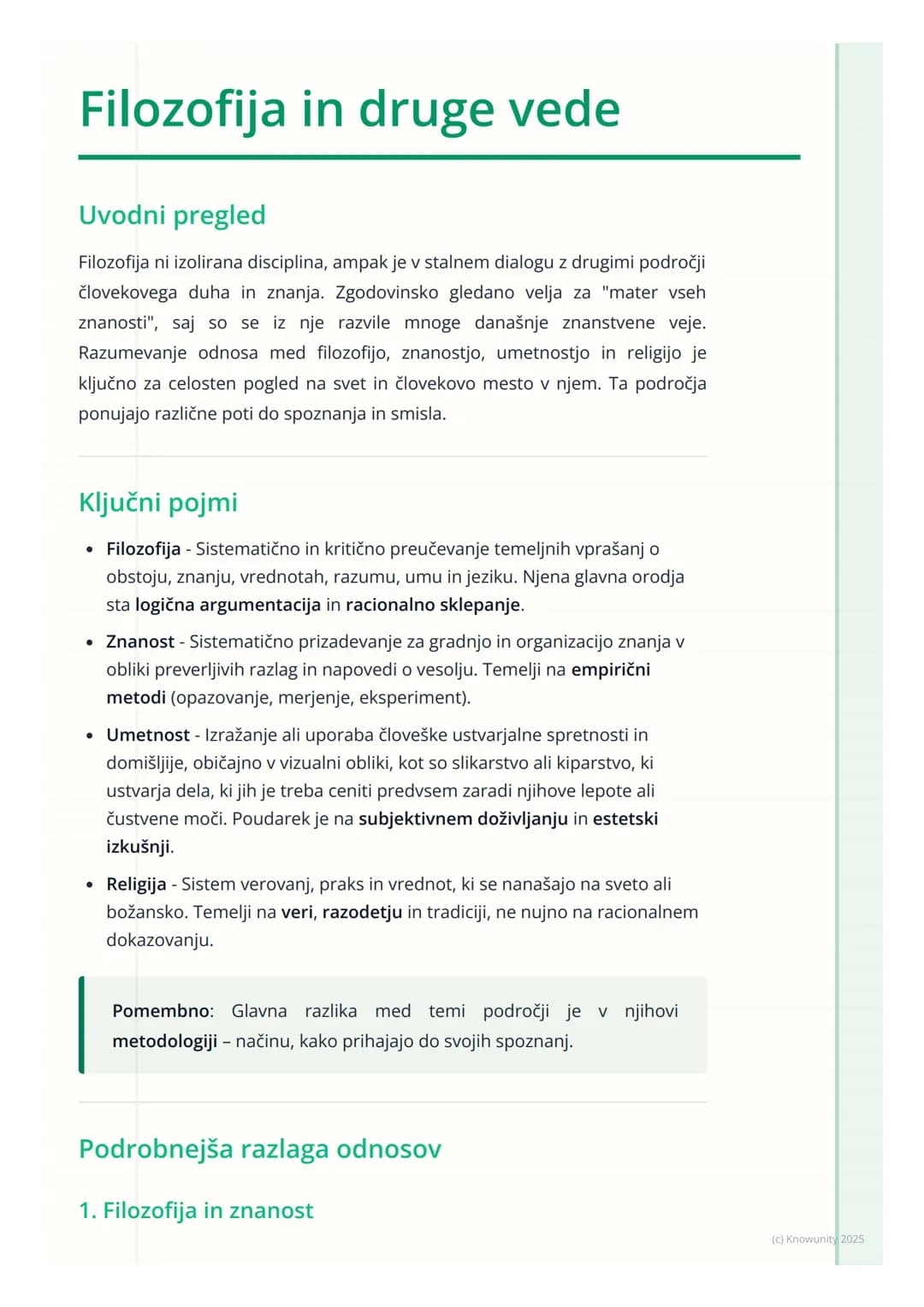 # Filozofija in druge vede
Uvodni pregled
Filozofija ni izolirana disciplina, ampak je v stalnem dialogu z drugimi področji
človekovega du
