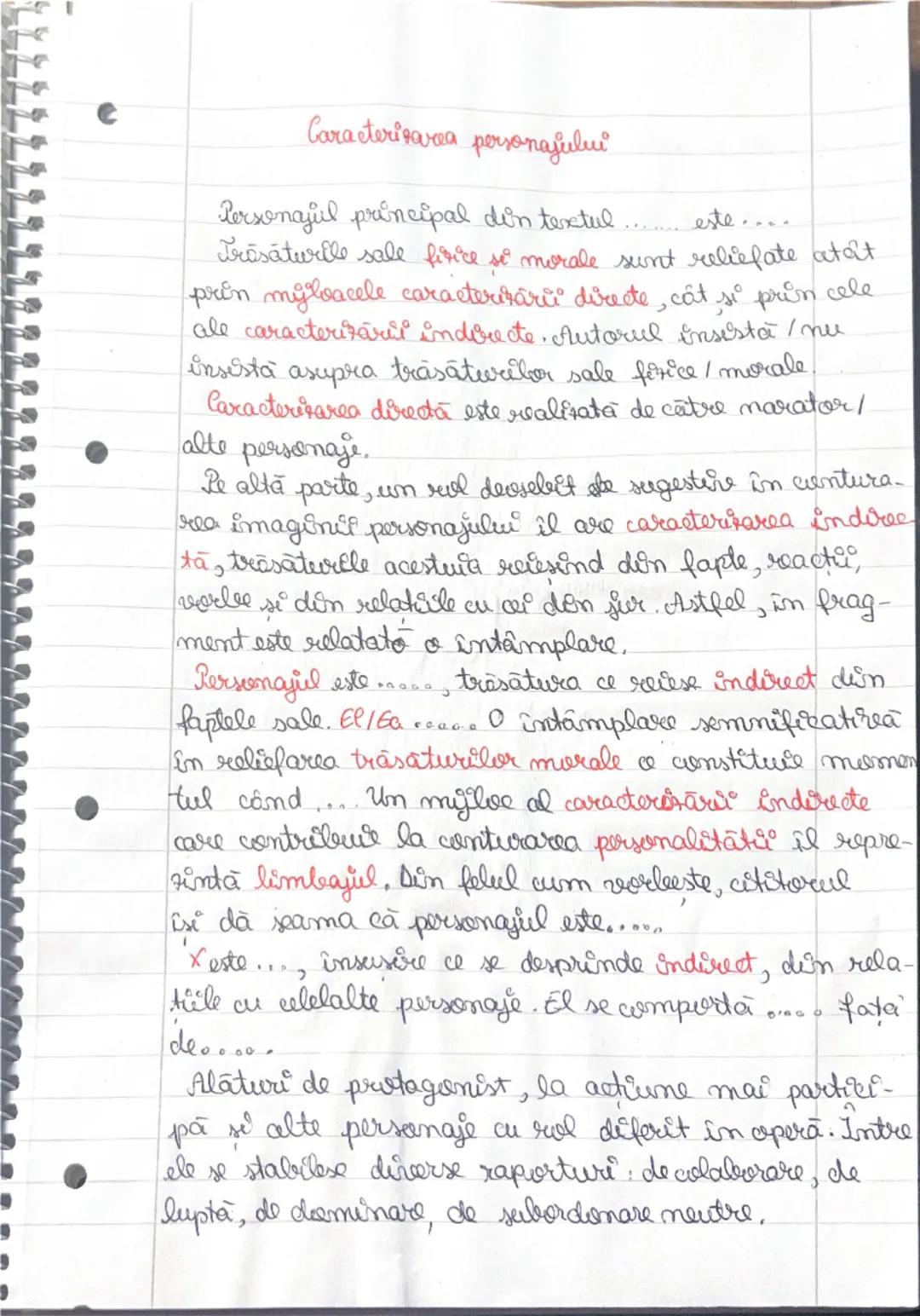 # Caracterizarea personajului
Personajul principal din textul ......... este....
Trăsăturile sale firice se morale sunt reliefate atât
prin