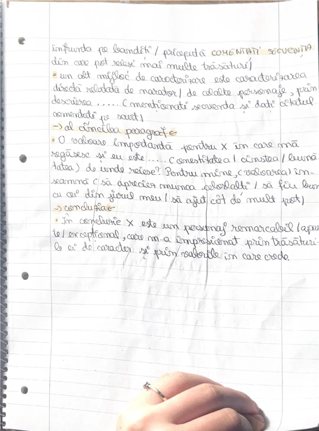 # Caracterizarea personajului
Personajul principal din textul ......... este....
Trăsăturile sale firice se morale sunt reliefate atât
prin
