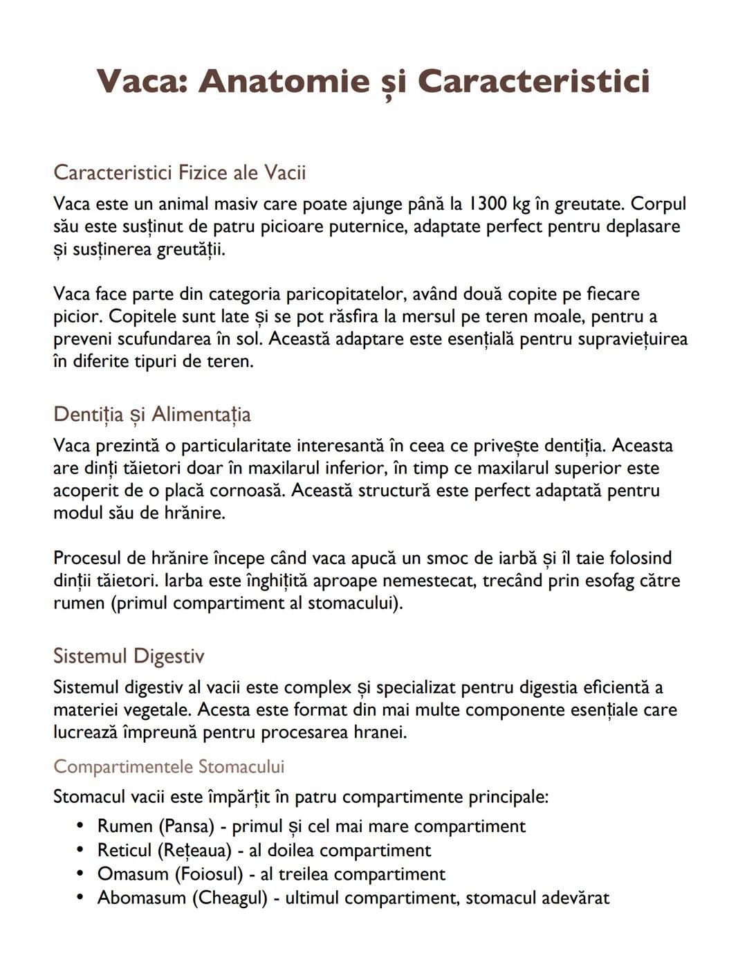 --- OCR Start ---
Vaca: Anatomie și Caracteristici
Caracteristici Fizice ale Vacii
Vaca este un animal masiv care poate ajunge până la 1300