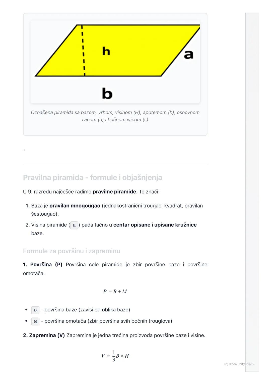# Piramida
Uvod u piramide
Piramida je geometrijsko telo (poliedar) ograničeno jednim mnogouglom i
trouglovima koji imaju zajednički vrh.
