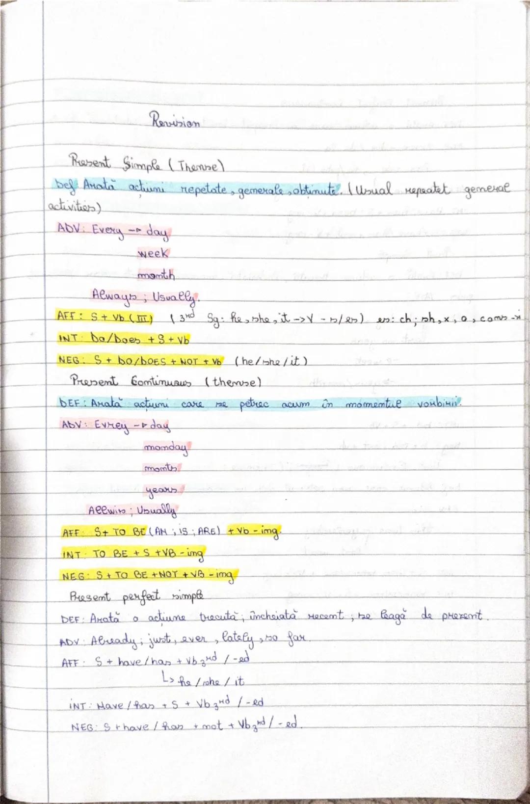 --- OCR Start ---
Revision
Rresent Simple (Thense)
bef Anata actiuni repetate, gemerale obtinute. Usual repeatet general.
activities).
ADV: