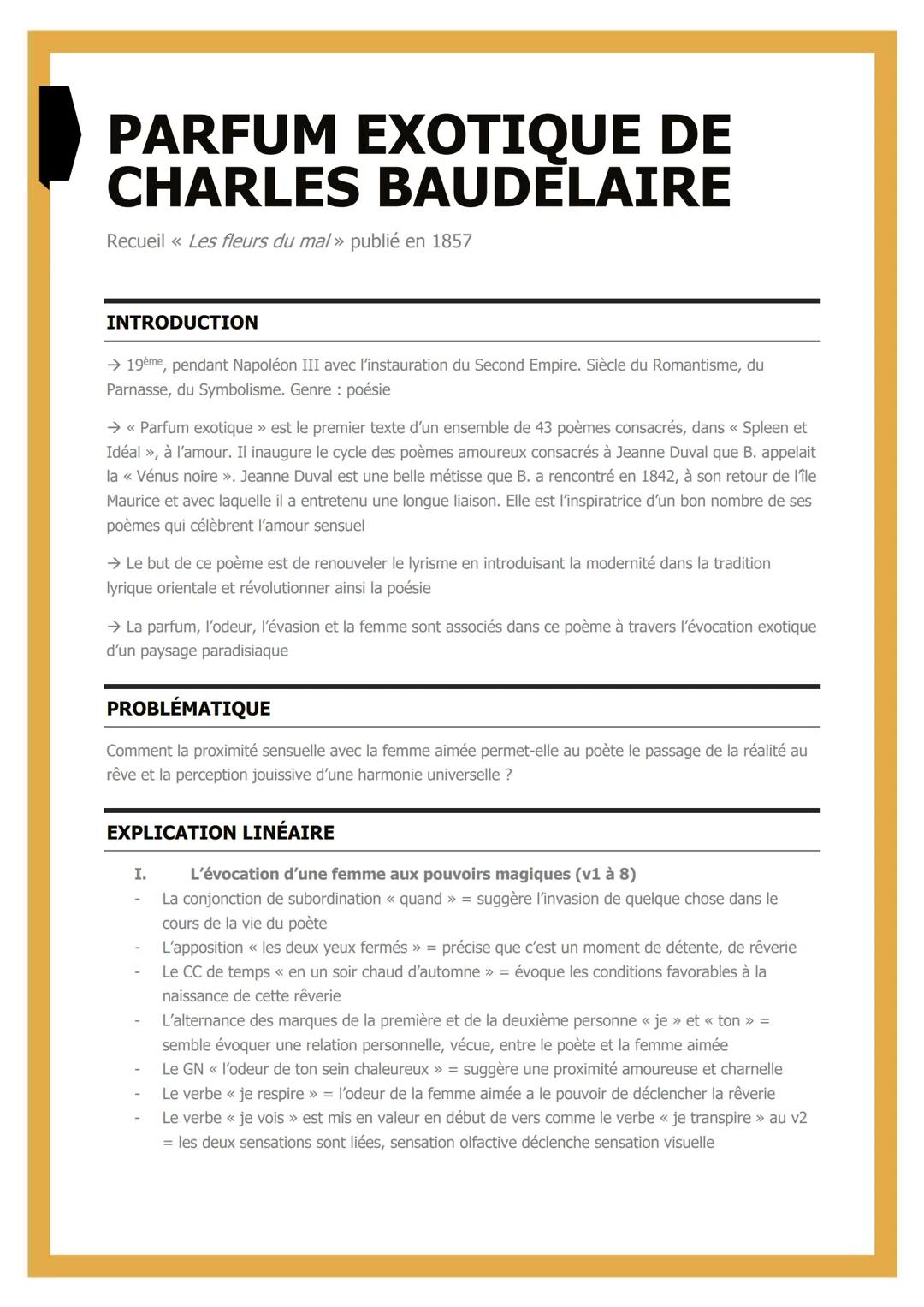 # PARFUM EXOTIQUE DE
# CHARLES BAUDELAIRE
Recueil <<< Les fleurs du mal » publié en 1857
# INTRODUCTION
→19ème, pendant Napoléon III avec l