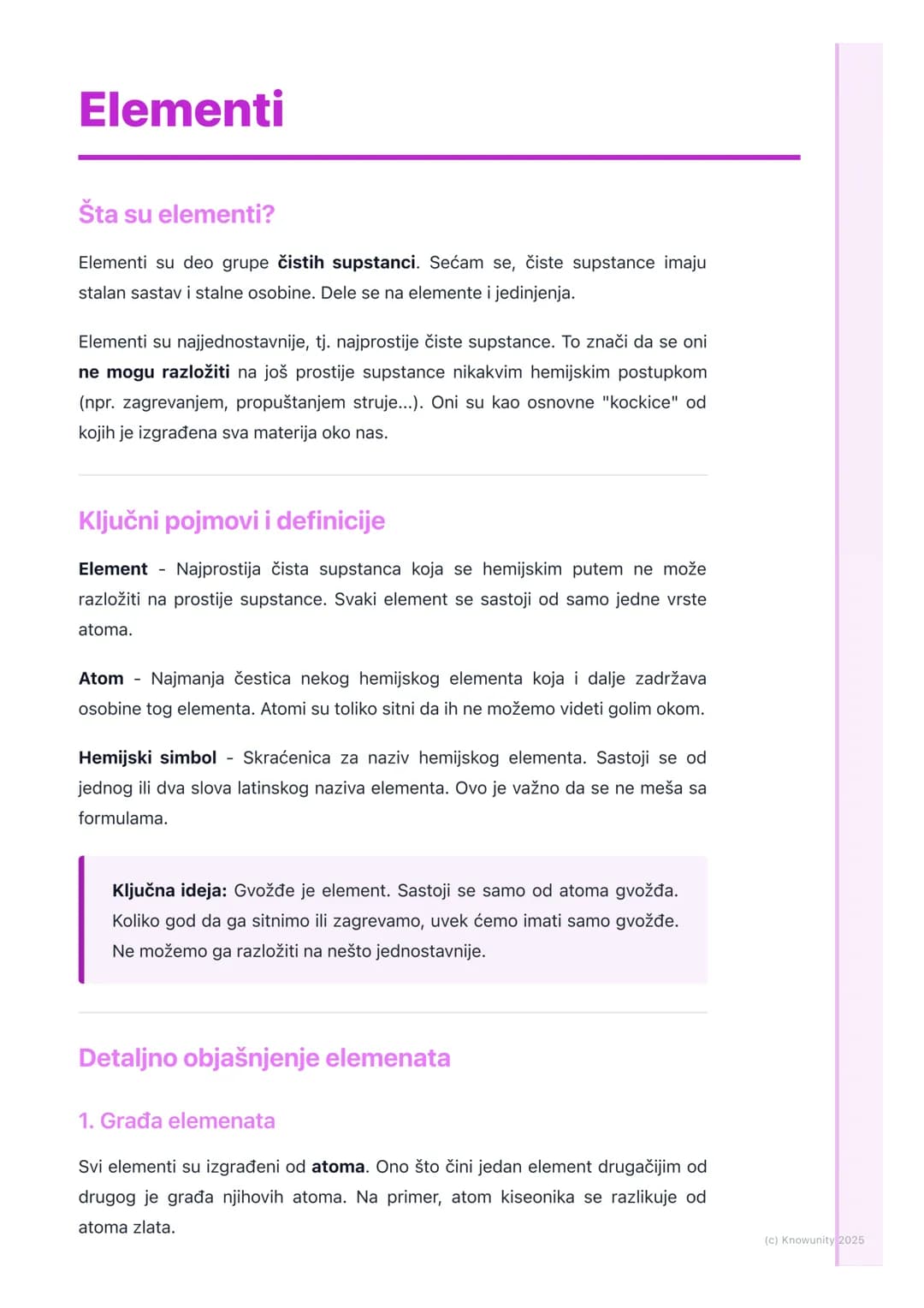 # Elementi
Šta su elementi?
Elementi su deo grupe čistih supstanci. Sećam se, čiste supstance imaju
stalan sastav i stalne osobine. Dele s