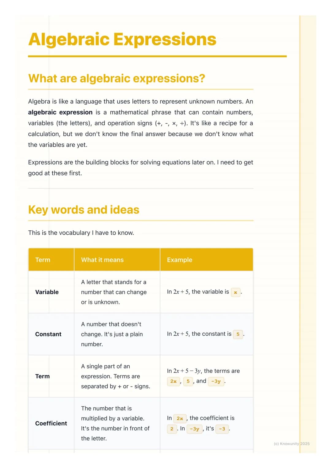# Algebraic Expressions
## What are algebraic expressions?
Algebra is like a language that uses letters to represent unknown numbers. An
a