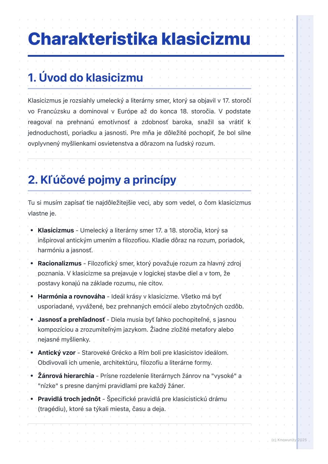 # Charakteristika klasicizmu
## 1. Úvod do klasicizmu
Klasicizmus je rozsiahly umelecký a literárny smer, ktorý sa objavil v 17. storočí
v
