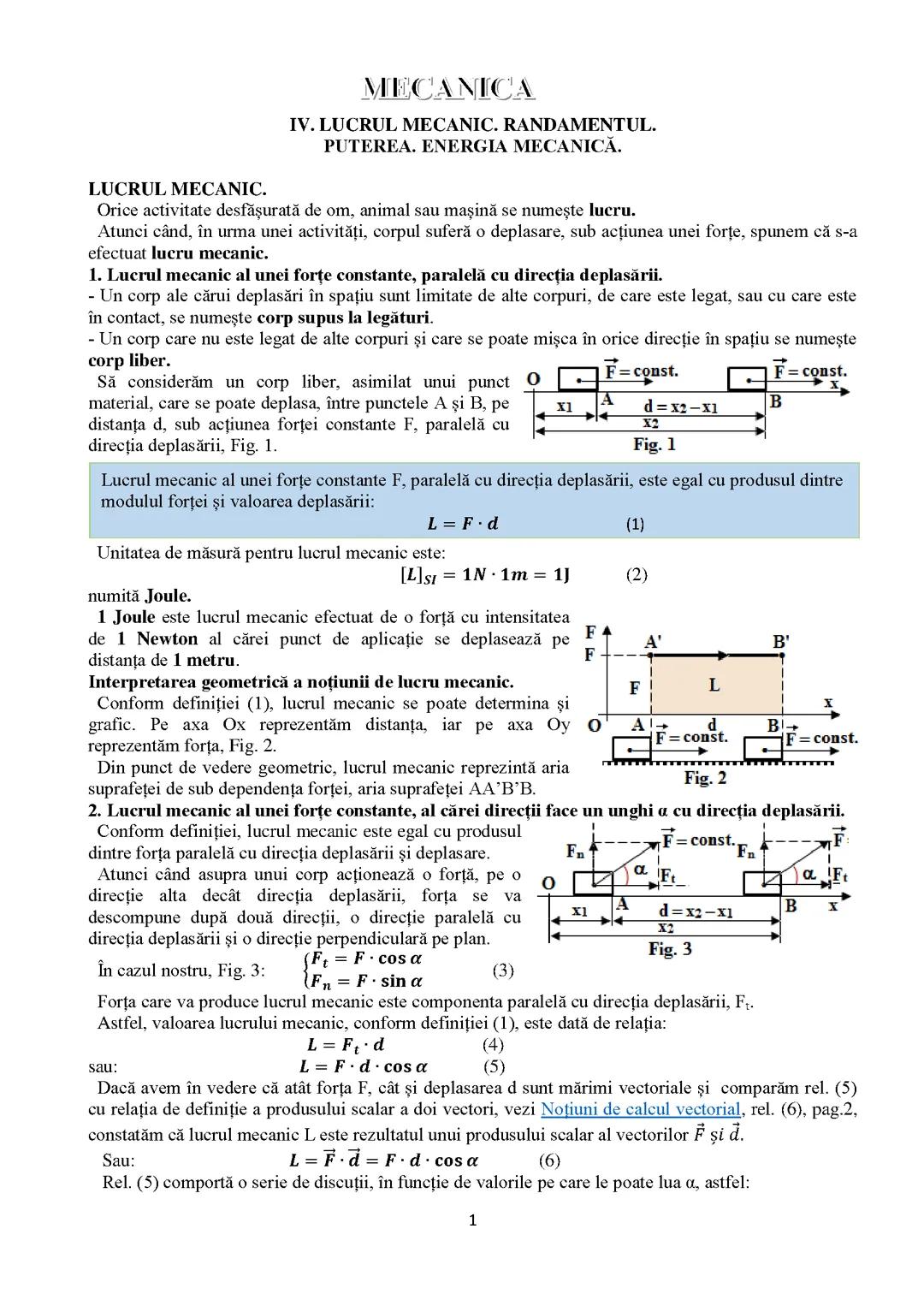 MECANICA- LUCRUL MECANIC. RANDAMENTUL. PUTEREA. ENERGIA MECANICĂ.