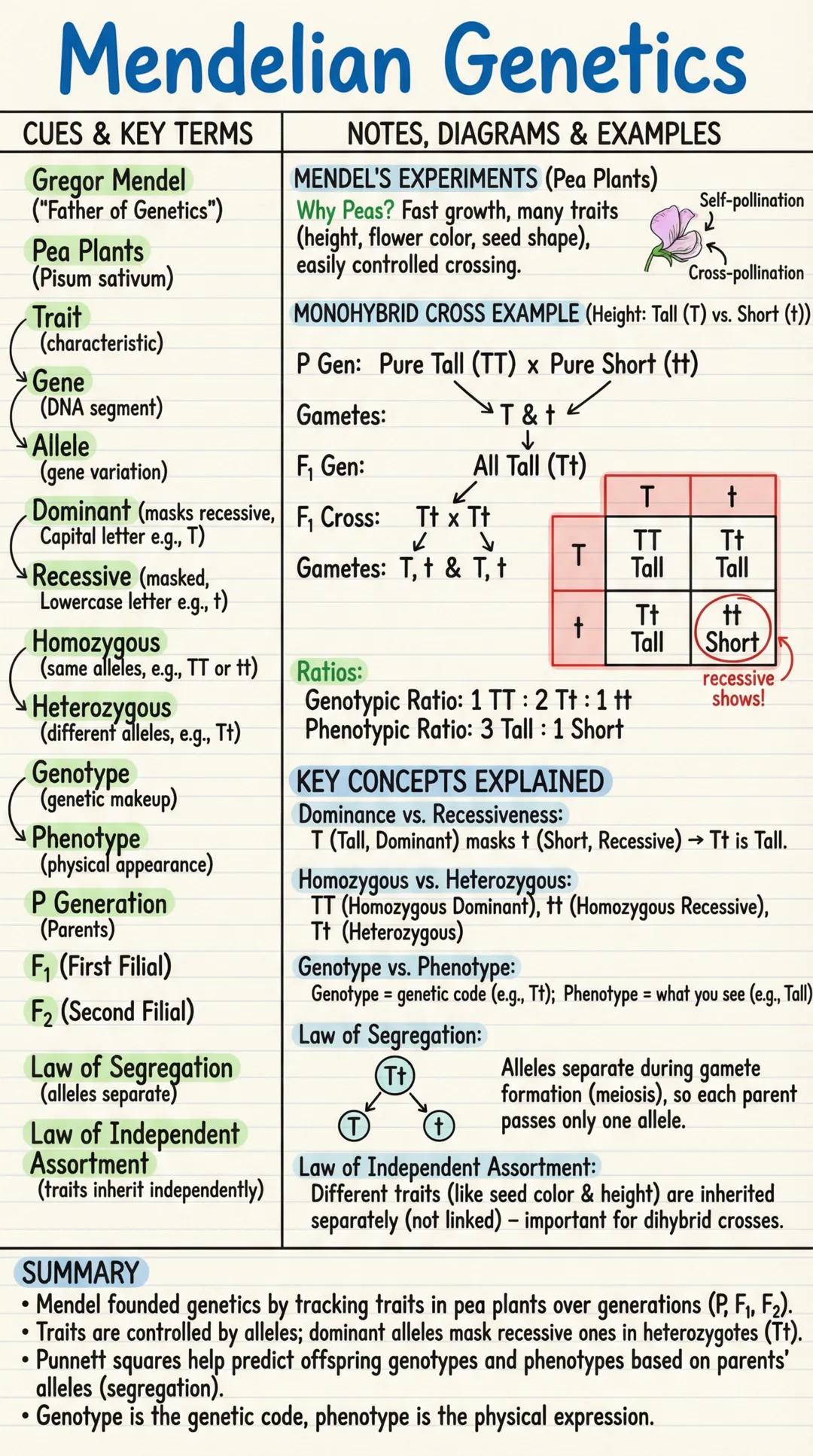 # Mendelian Genetics
CUES & KEY TERMS | NOTES, DIAGRAMS & EXAMPLES
---|---
Gregor Mendel | MENDEL'S EXPERIMENTS (Pea Plants)
("Father of Ge