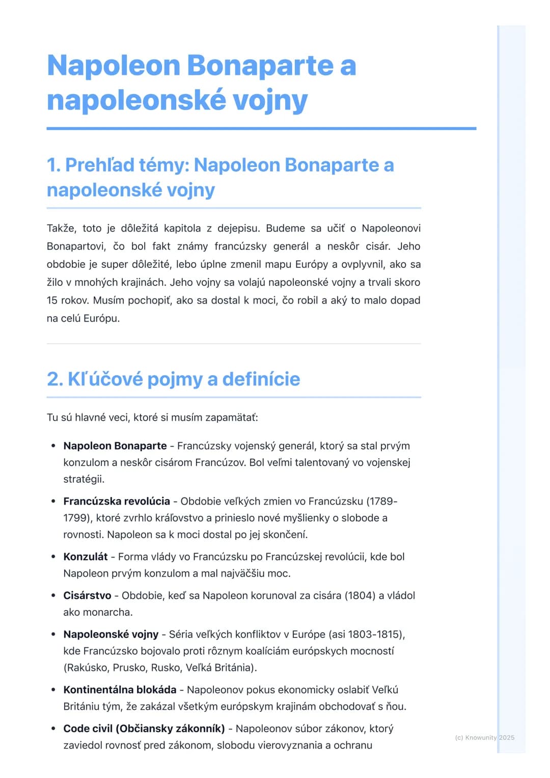 # Napoleon Bonaparte a
napoleonské vojny
1. Prehľad témy: Napoleon Bonaparte a
napoleonské vojny
Takže, toto je dôležitá kapitola z dejepi