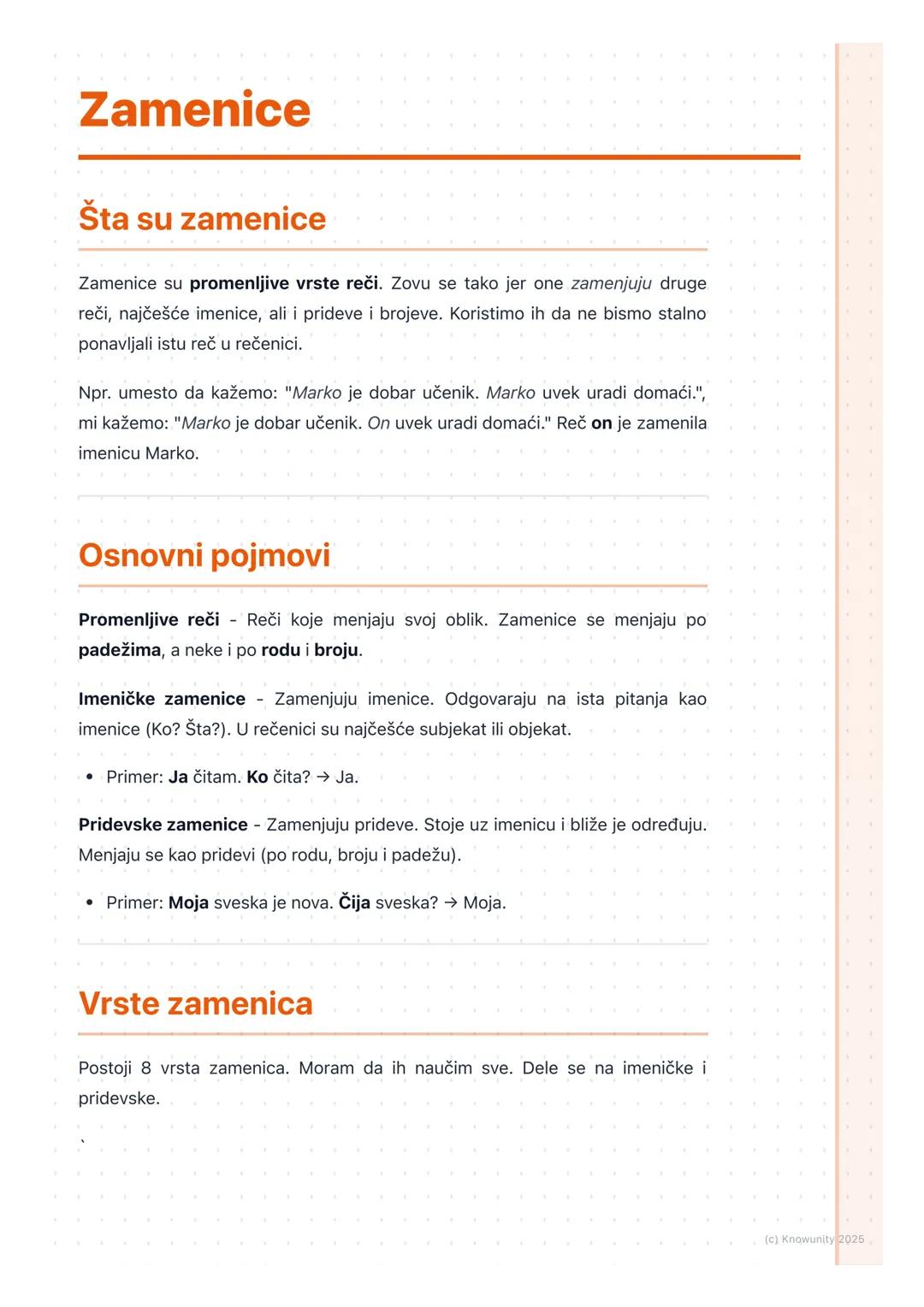 # Zamenice
## Šta su zamenice
Zamenice su promenljive vrste reči. Zovu se tako jer one zamenjuju druge
reči, najčešće imenice, ali i pride