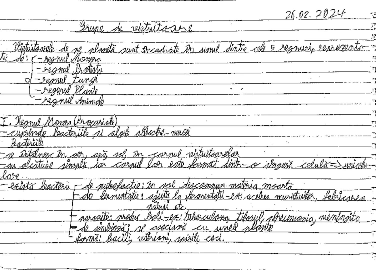 Grupe de vietuitoare
26.02.2024
Viețuitoarele de pe planetă sunt încadrate în unul dintre cele 5 regnuri, reprezentate de:
-regnul Monera
-r
