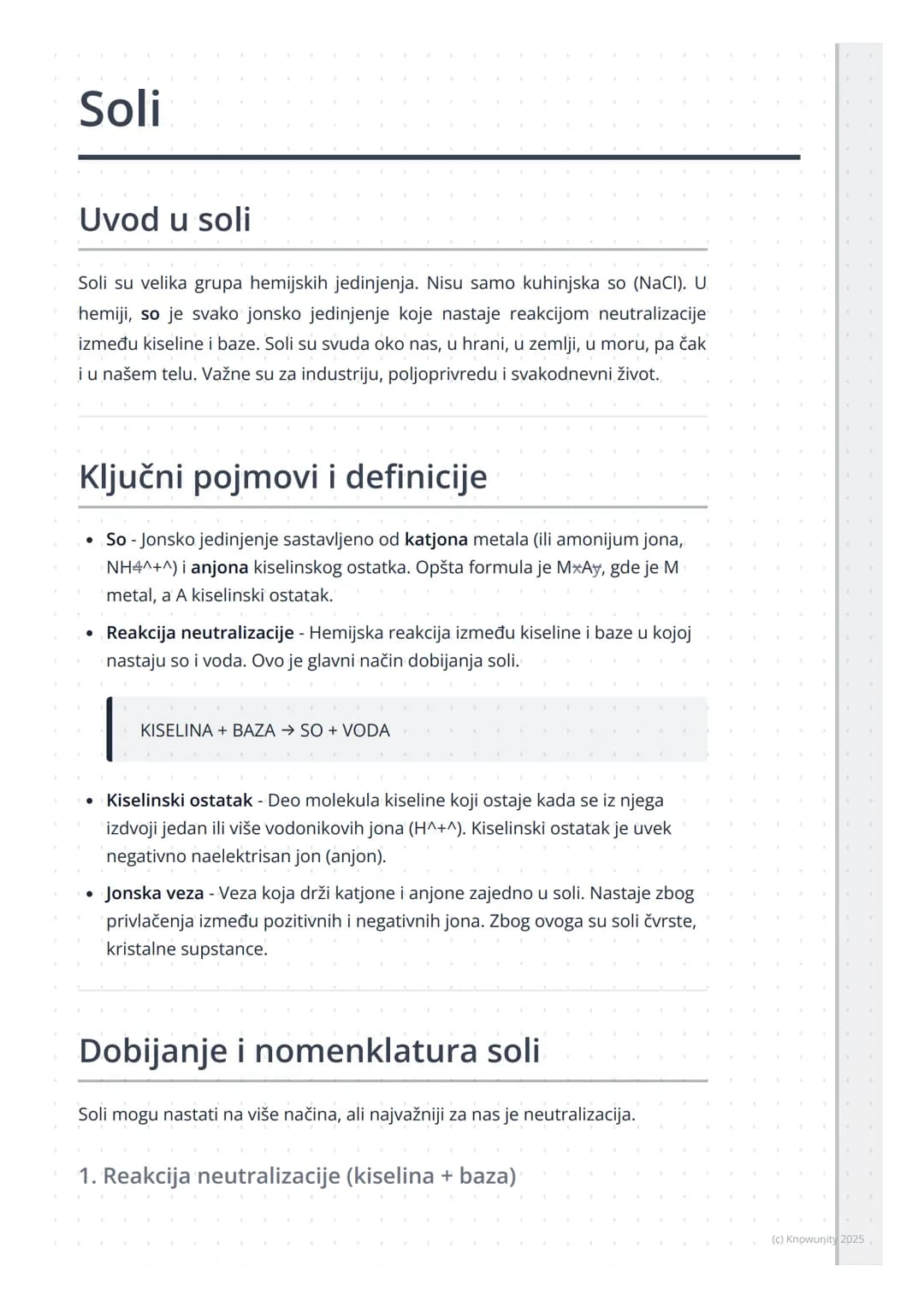 # Soli
Uvod u soli
Soli su velika grupa hemijskih jedinjenja. Nisu samo kuhinjska so (NaCl). U
hemiji, so je svako jonsko jedinjenje koje