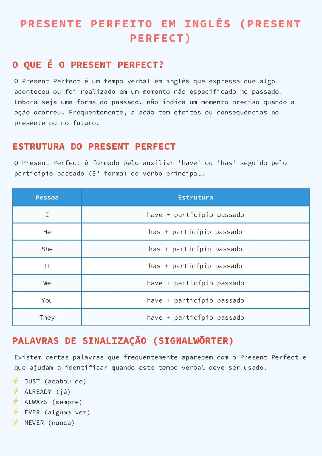 # PRESENTE PERFEITO EM INGLÊS (PRESENT
PERFECT)
# O QUE É O PRESENT PERFECT?
O Present Perfect é um tempo verbal em inglês que expressa qu