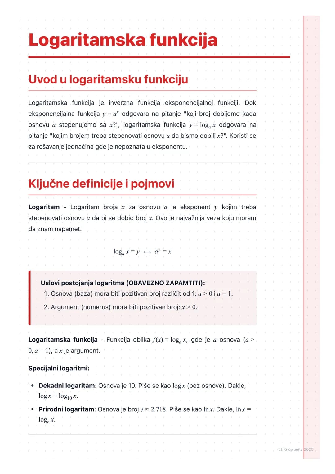 # Logaritamska funkcija
Uvod u logaritamsku funkciju
Logaritamska funkcija je inverzna funkcija eksponencijalnoj funkciji. Dok
eksponencij