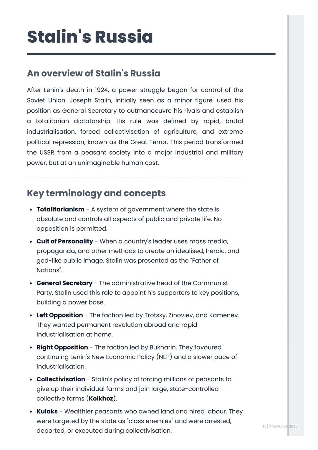 # Stalin's Russia
An overview of Stalin's Russia
After Lenin's death in 1924, a power struggle began for control of the
Soviet Union. Jose