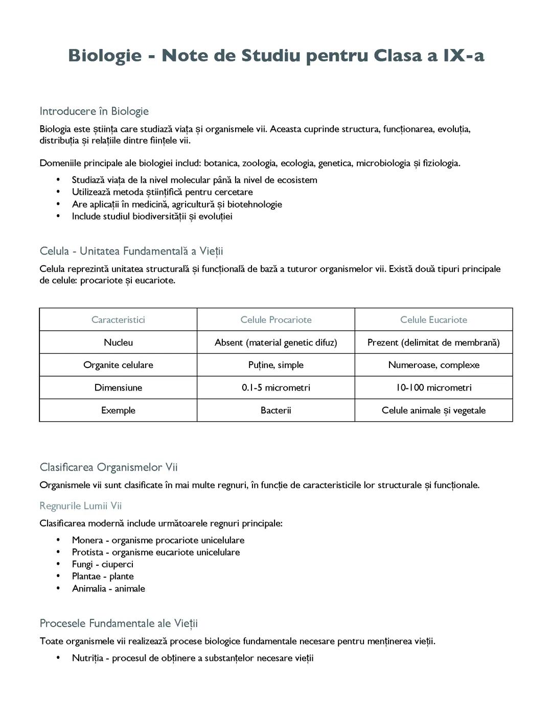 Biologie - Note de Studiu pentru Clasa a IX-a