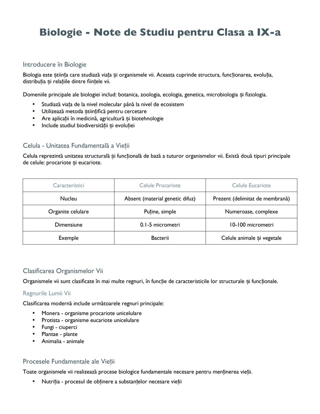 --- OCR Start ---
Biologie - Note de Studiu pentru Clasa a IX-a
Introducere în Biologie
Biologia este știința care studiază viața și organis