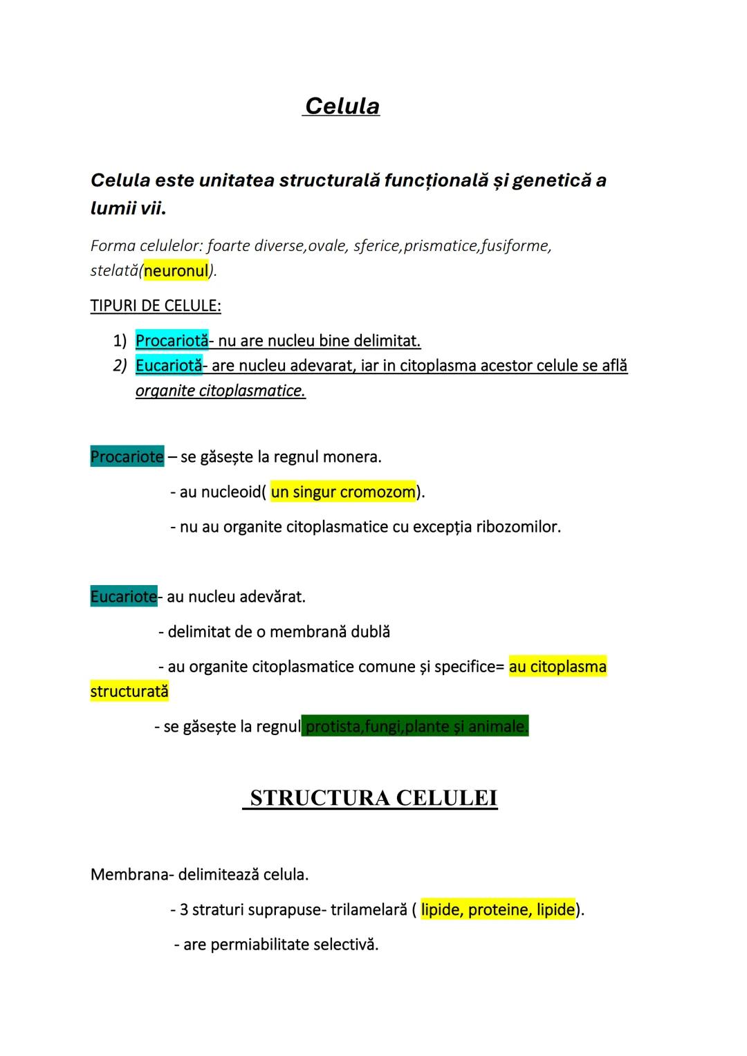 Celula
Celula este unitatea structurală funcțională și genetică a
lumii vii.
Forma celulelor: foarte diverse, ovale, sferice, prismatice, fu