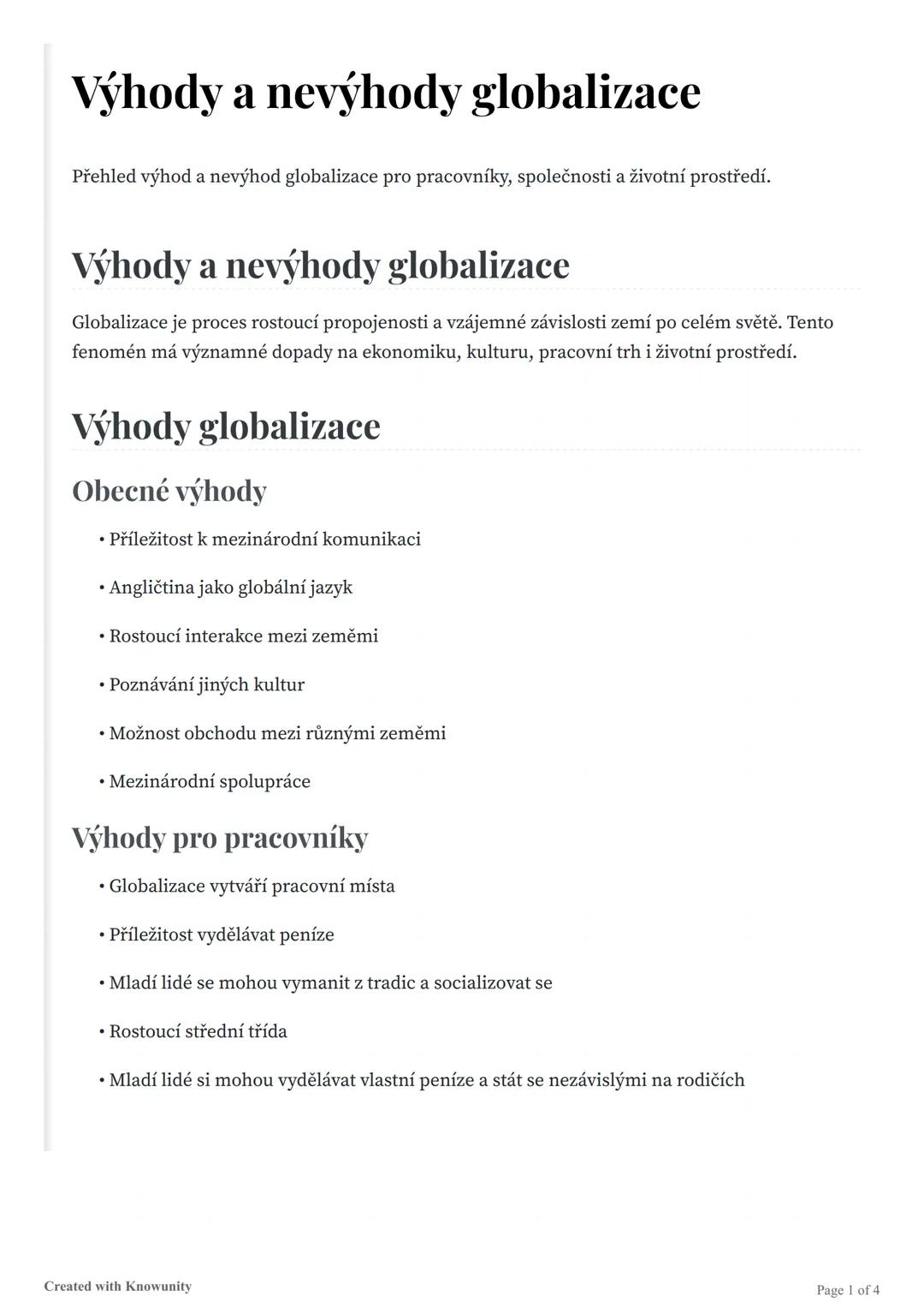 # Výhody a nevýhody globalizace
Přehled výhod a nevýhod globalizace pro pracovníky, společnosti a životní prostředí.
# Výhody a nevýhody g